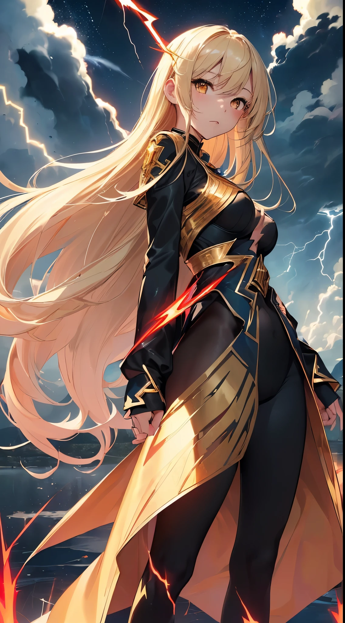 (Absurd, High resolution), 16K, (Panorama), 18-year-old, 1 person, Severe, Dark green eyes, Open your arms, Short right swept dandy Blonde, Blonde, Black coat, White underwear, Extremely detailed, lightning, magic, magic Array, Exaggerated light, Shine, magic, floating, evening, good looking、wearing a red cloak