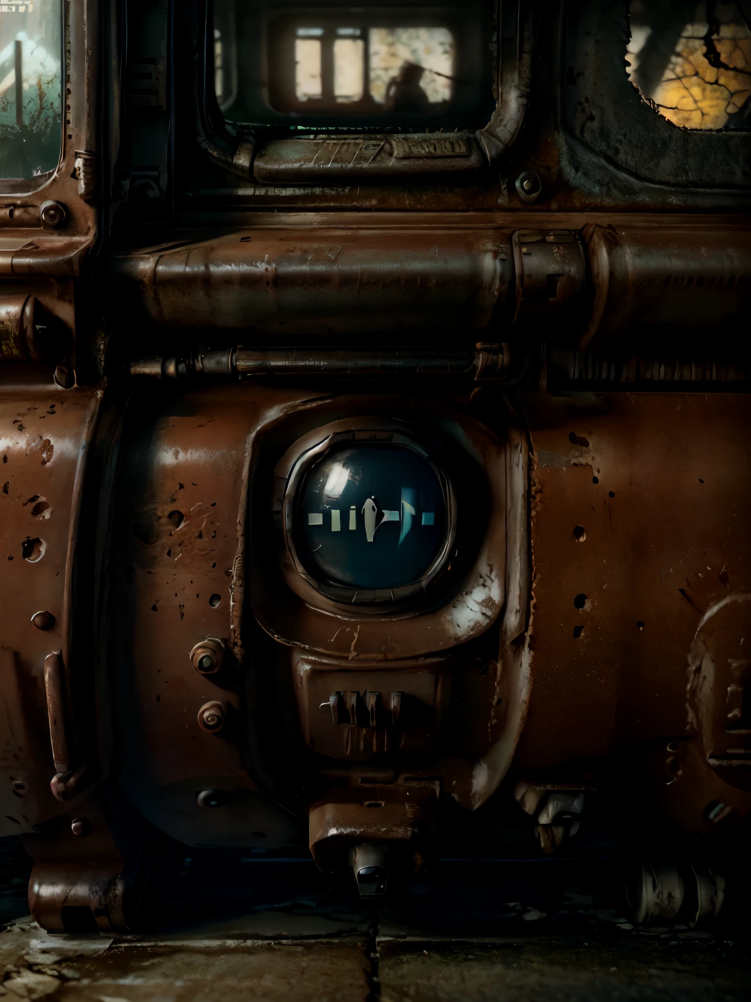 8k CG masterpiece, best quality, photographic realism, meticulously detailed skin, hyper-realistic depiction, High detail RAW color art, diffused soft lighting, shallow depth of field, pin-sharp focus, strikingly hyperrealistic rendition, cinematic lighting, Octane renderer a girl in beautifully applied makeup, smoky eyeshadow accentuating her big, expressive eyes, long, luscious eyelashes framing her beautiful, ebony orbs, radiantly dressed in a (vaultsuit with pipboy3000 on wrist), her perfect body with very slim waist and medium-size breast, standing in a ruined city, setting background: "low wide angle shot of dilapidated fallout 5 europa, temperate european hamlet, desolate, dilapidated neon signs, few rusted retro futuristic vintage parked vehicles like cars, buses, trucks, trams, volumetric lighting, photorealistic, daytime, autumn, sunny weather, sharp focus, ultra detailed, 4 0 0 0 k"
