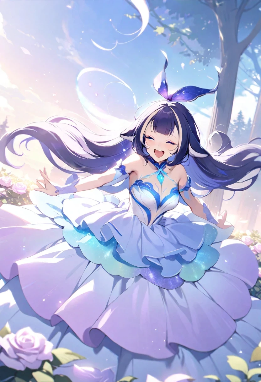 (shylily/(Twich/):1.5),(masterpiece:1.2),(best quality:1.2),, (1girl:1.3),beautiful fairy girl in tiered colorful gradient ballgown dress, (highest quality,masterpiece,16K or 8K,Super detailed,gradient glitter ),(Upper body、front)、A dress decorated with lots of frills and flower decorations、 fairy princess、 giant white fairy wings、 Flowers and colorful plants, beautiful, masterpiece, highest quality、gradient hair,, floating hair, wavy hair,fluffy hair、 Hair in the wind, pastel wreath on head, long eyelashes, beautiful eyes、pointed ears, light smile, bright pupils, ((Sparkling fluffy layered ball gown)), (magic, Whimsical),digital illustration, highest quality,High resolution,  romantic academia, romantic atmosphere, fantasy, white background, with a rose, with a tree, in the field of flowers, in the rose garden, happy, laughing,(fly happily in the sky)
