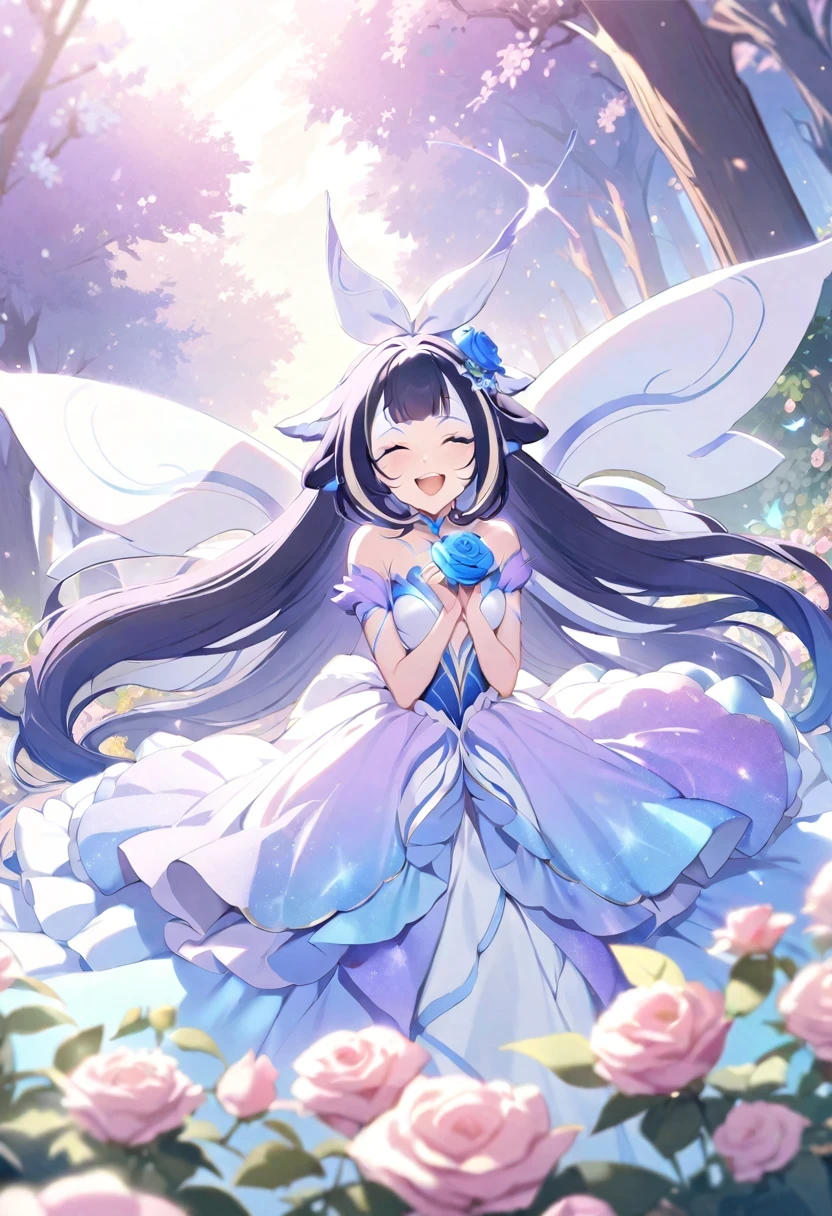 (shylily/(Twich/):1.5),(masterpiece:1.2),(best quality:1.2),, (1girl:1.3),beautiful fairy girl in tiered colorful gradient ballgown dress, (highest quality,masterpiece,16K or 8K,Super detailed,gradient glitter ),(Upper body、front)、A dress decorated with lots of frills and flower decorations、 fairy princess、 giant white fairy wings、 Flowers and colorful plants, beautiful, masterpiece, highest quality、gradient hair,, floating hair, wavy hair,fluffy hair、 Hair in the wind, pastel wreath on head, long eyelashes, beautiful eyes、pointed ears, light smile, bright pupils, ((Sparkling fluffy layered ball gown)), (magic, Whimsical),digital illustration, highest quality,High resolution, romantic academia, romantic atmosphere, fantasy, white background, with a rose, with a tree, in the field of flowers, in the rose garden, happy, laughing,(fly happily in the sky)