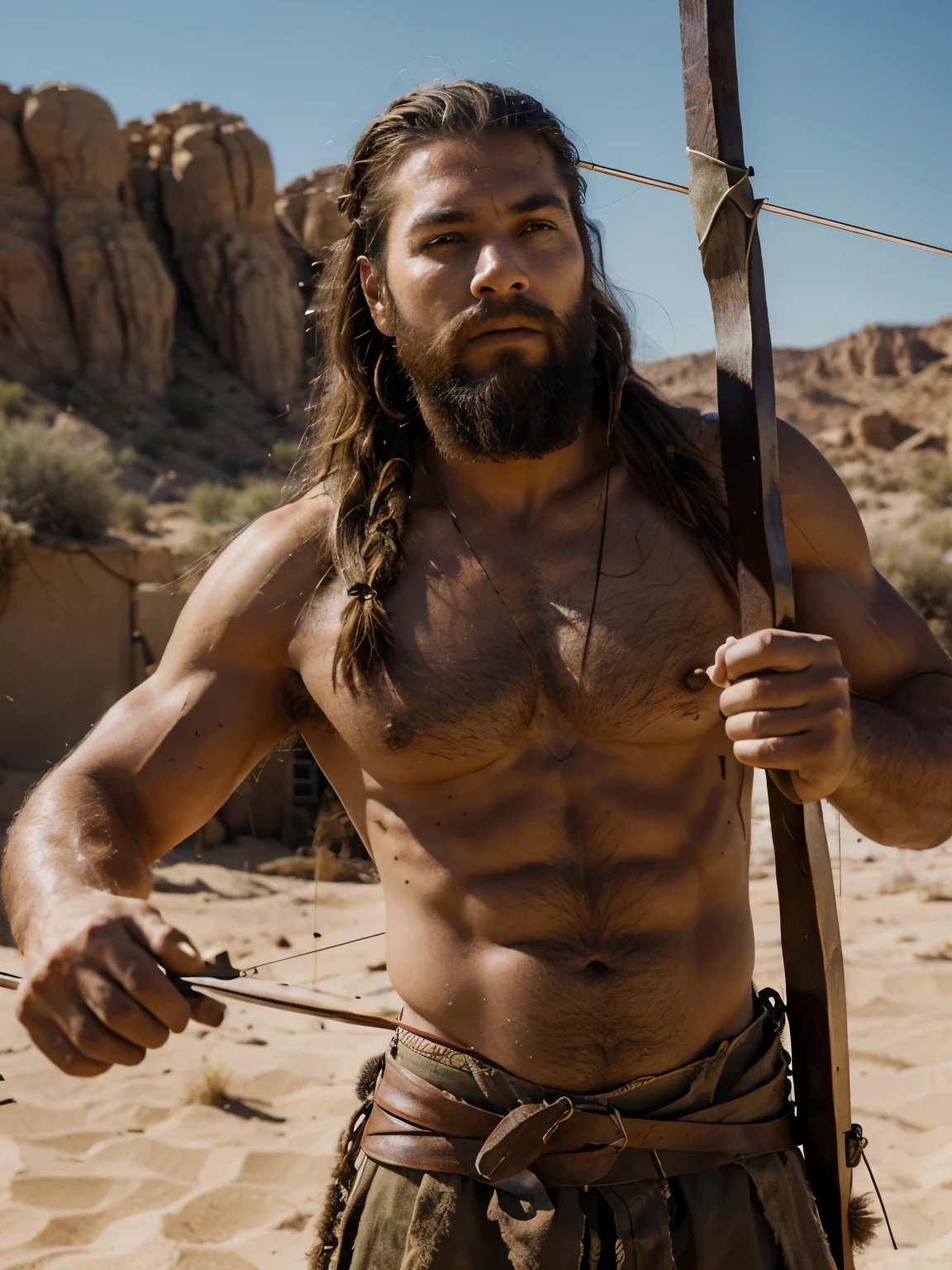 (best quality,realistic:1.2),Lameque,biblical bow and arrow,realistic depiction,archer,long hair,braided beard,detailed facial features,weathered skin,muscular build,fringed clothing,ancient civilization,desert landscape,dusty atmosphere,dramatic lighting,harsh sunlight,high contrast,vivid colors,dynamic pose,in mid-action,concentration,arrow notched on bow,string pulled back,tense muscles,strength and precision,authentic historical representation,symbol of power and skill