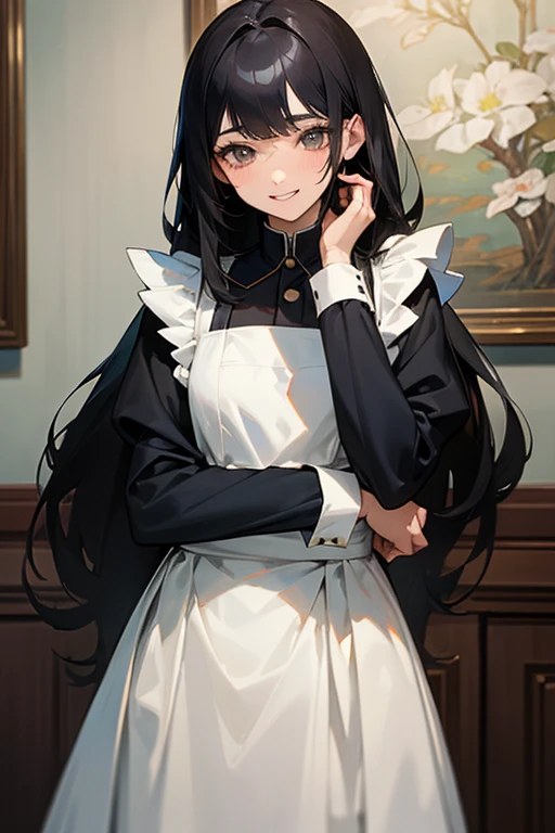 (Highest Resolution, clear_image) highest quality, Single person, One Woman, alone, masterpiece, Very detailed, Semi-realistic, Black Hairのショートヘア, Black Hair, bangs, 18-year-old, mature, light blue uniform, uniform, Indoor Background, kind, Authoritative, powerful, exquisite features, exquisite features、Eyelashes become longer、Showing teeth、smile😀、Maid clothes、Touching hair