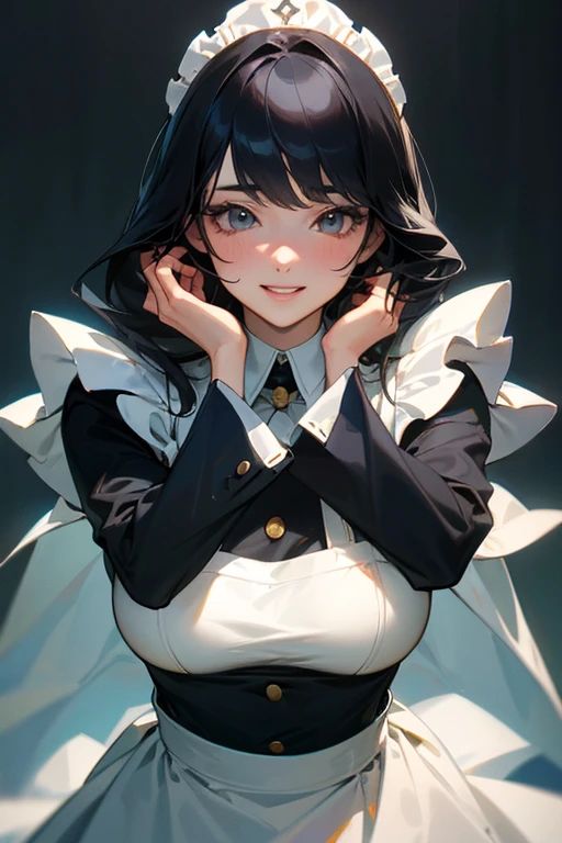 (Highest Resolution, clear_image) highest quality, Single person, One Woman, alone, masterpiece, Very detailed, Semi-realistic, Black Hairのショートヘア, Black Hair, bangs, 18-year-old, mature, light blue uniform, uniform, Indoor Background, kind, Authoritative, powerful, exquisite features, exquisite features、Eyelashes become longer、Showing teeth、smile😀、Maid clothes、Touching hair