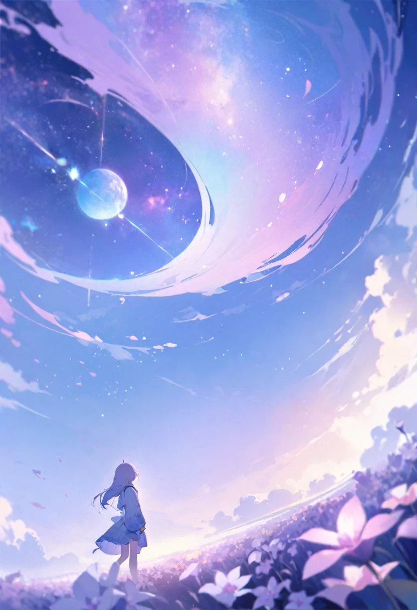 (shylily/(Twich/):1.5),(masterpiece:1.2),(best quality:1.2),, (1girl:1.3),(High resolution、Super detailed、movie)、alone、1 girl、happiness、Girl Standing In Cosmos Flower Garden、Girl around the petals、cute smile、Full body Esbian、Long-haired girl 、look at the camera、fantasy、official art、pop art、profile、highly detailed face、highly detailed eyes、Orchid Flower Garden、Ultra Detailed Fields、White blue sky、 Light blue、blanche、nebula in the sky、watercolor painting、pastel colour