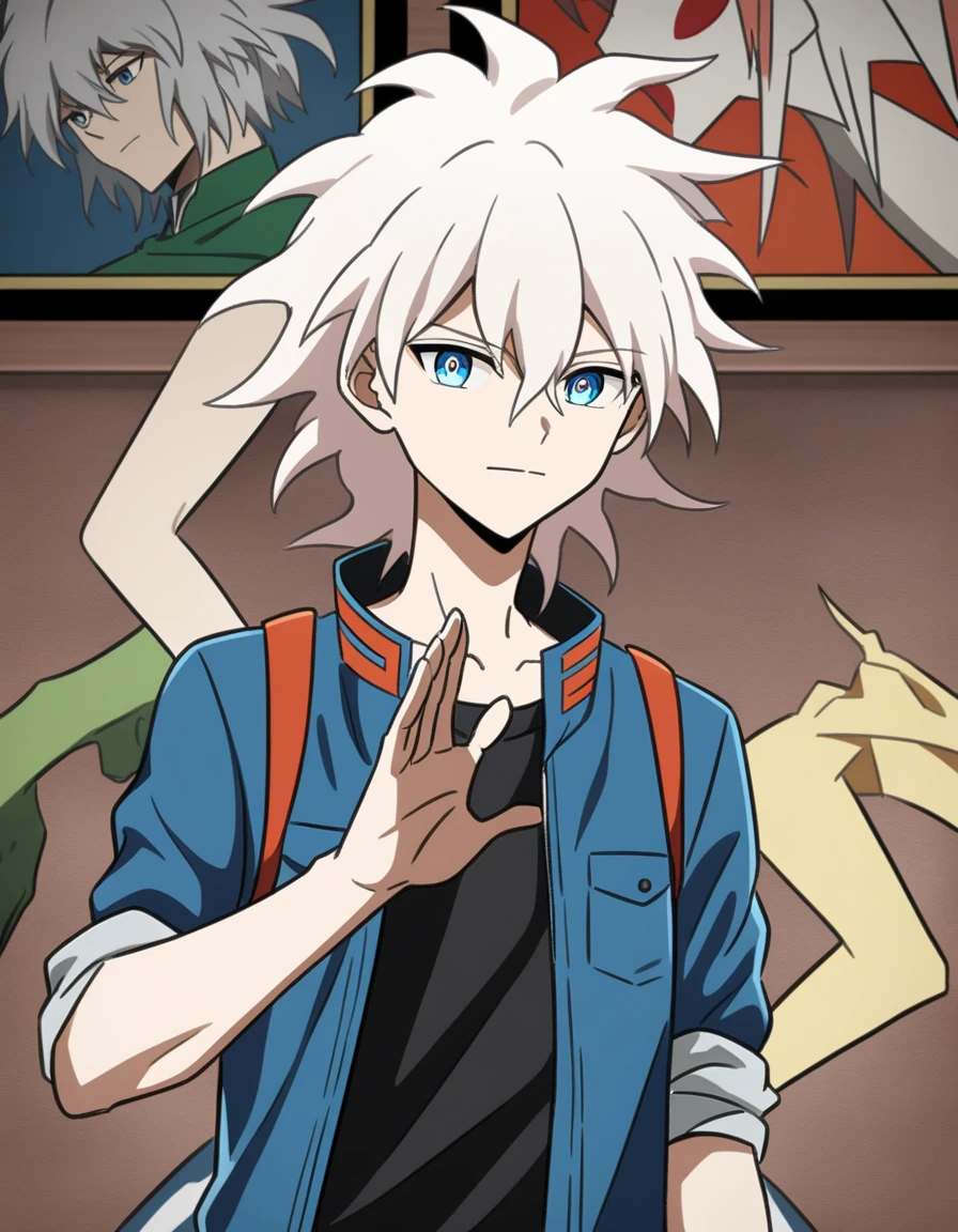 Anime Shōnen with white hair and blue eyes in a blue jacket, Anime drawing by Kamaguruka, pixiv, Visual Arts, Anime Shōnen, Tall anime guy with blue eyes, Young Anime Guy, Male Anime Style, kaworu nagisa, Handsome anime pose, Male Anime Characters, Clean and detailed anime style, nagito komaeda, 2D Anime Style