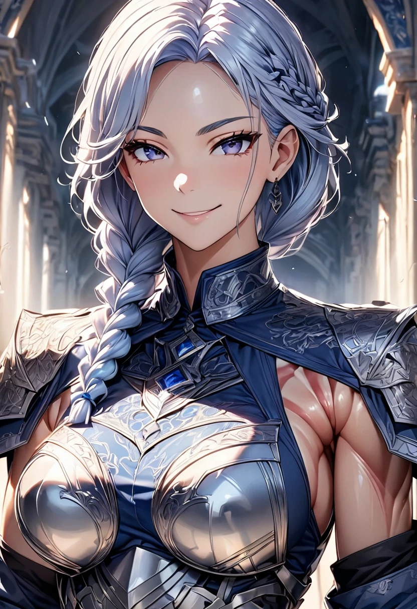 ((Masseter muscle area:1.5)),((highest quality)),(Ultra-precision),8K images,highest qualityのアニメ,Highest resolution,Sharpness,clear,Great background,((Perfect Anatomy:1.5)),(Perfect description, An unbroken body:1.5),Every detail,amazing depiction,((1 Western female:1.4),((Braid:1.1,Pale light blue hair:1.4)),(Beautiful and well-proportioned face),((Beautiful shiny sapphire blue eyes),Beautiful Skin,(A smile that looks at us)),(Detailed silver armor:1.6,Intricate and detailed decoration:1.7,The intricate and detailed patterns are beautiful.,leotard),Coat of arms