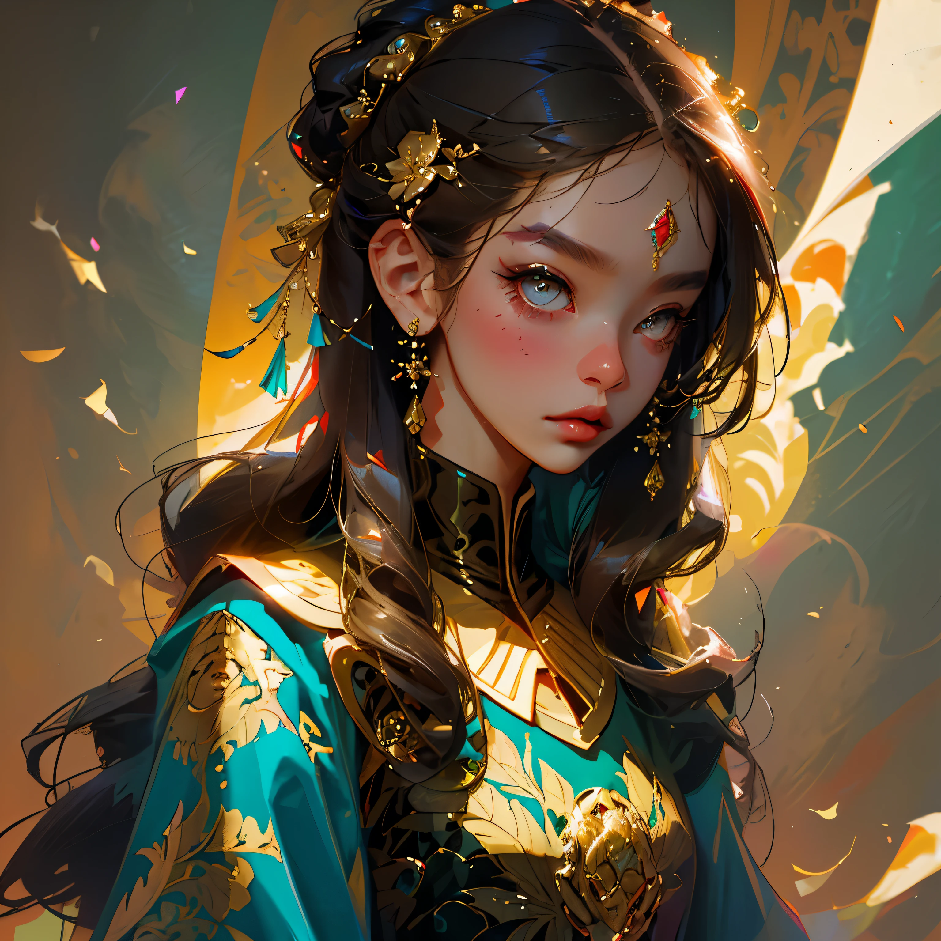 (masterpiece, best quality), 1girl,burmese dress, upper body, makeup, hair ornament,goldenhair,