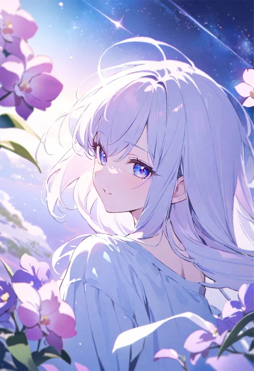(shylily/(Twich/):1.5),(masterpiece:1.2),(best quality:1.2),, (1girl:1.3),(High resolution、Super detailed、movie)、alone、1 girl、happiness、Girl Standing In Cosmos Flower Garden、Girl around the petals、cute smile、Full body Esbian、Long-haired girl 、look at the camera、fantasy、official art、pop art、profile、highly detailed face、highly detailed eyes、Orchid Flower Garden、Ultra Detailed Fields、White blue sky、 Light blue、blanche、nebula in the sky、watercolor painting、pastel colour