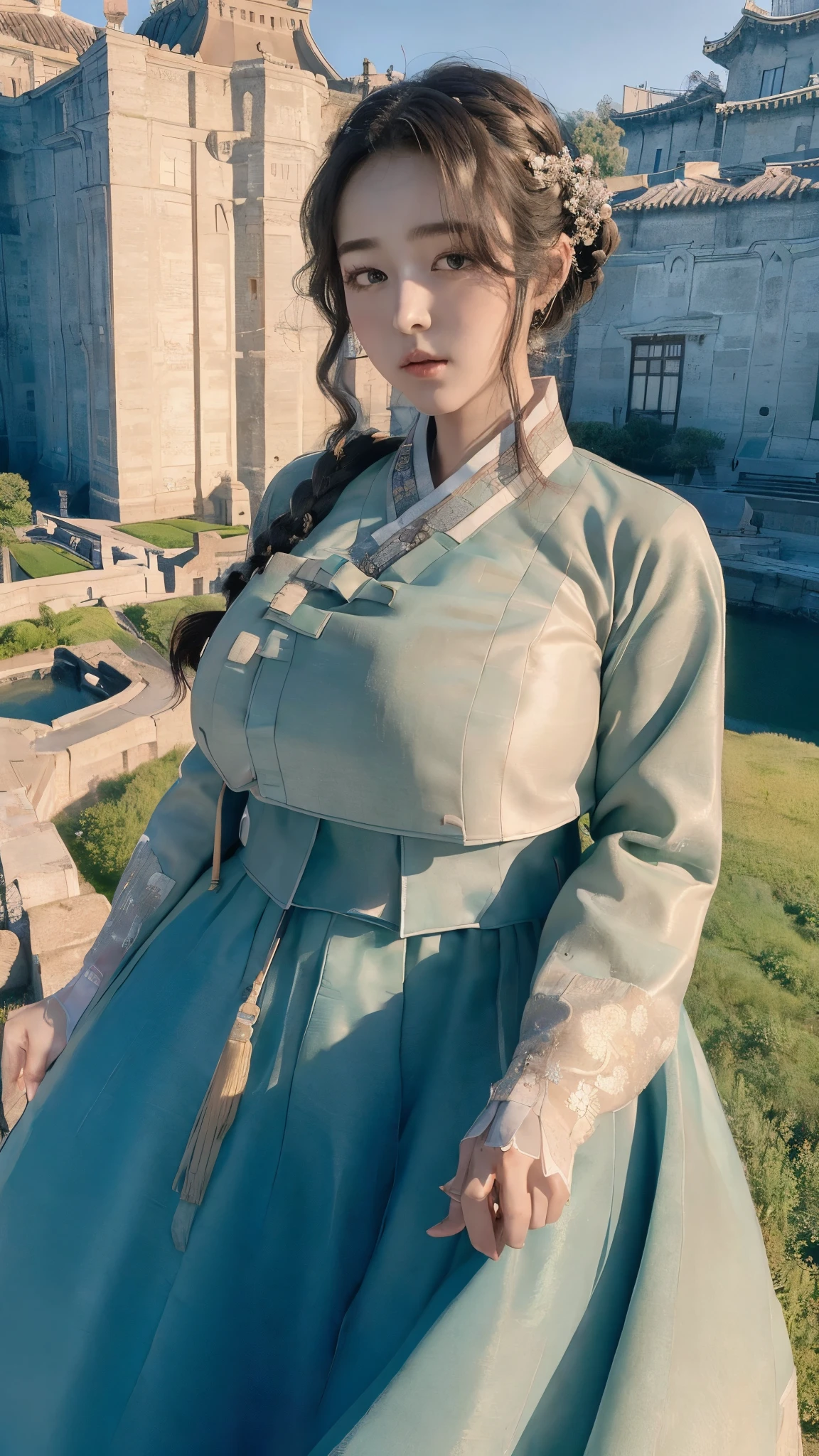 (best quality, 8K, masterpiece: 1.3), ((((((Incredibly huge breasts: 0.8))))), hairpin, (beautiful face:1.3), traditional hanbok, 1920s Hanbok style and hairstyle, baroque building, 17th century European feel, huge european castle, european background, A Joseon woman summoned to another world