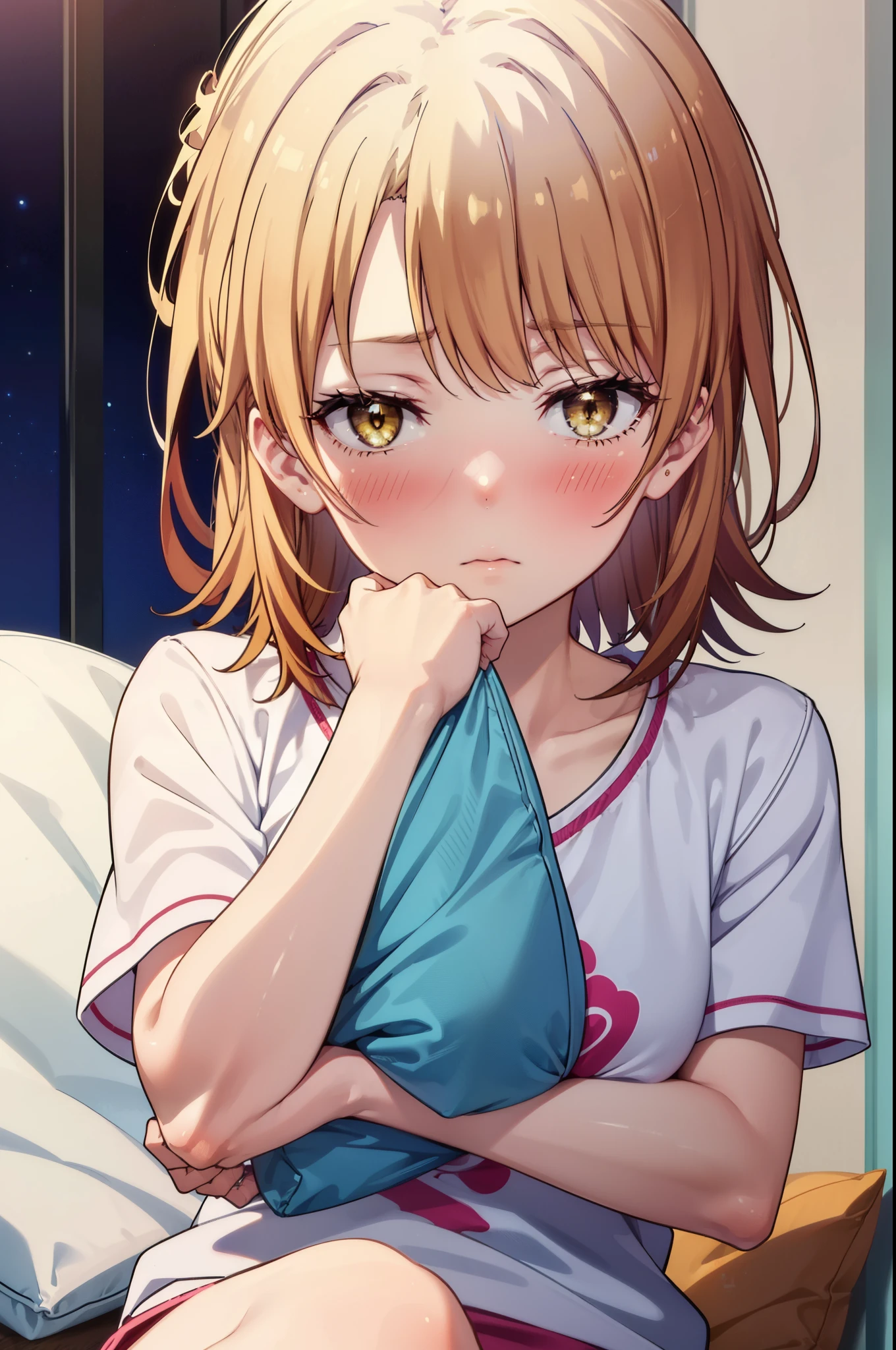 irohaisshiki, Iroha Isshiki, short hair, brown hair, (Brown eyes:1.5), blush,Looks sleepy,Embarrassing,oversized t-shirt,black string underwear,barefoot,Holding a pillow in both arms,Putting my face on the pillow,Sitting on the bed,ロマンチックな夜景
break indoors, Bedroom,
break looking at viewer,
break (masterpiece:1.2), highest quality, High resolution, unity 8k wallpaper, (figure:0.8), (Beautiful fine details:1.6), Highly detailed face, Perfect lighting, Highly detailed CG, (Perfect hands, Perfect Anatomy),