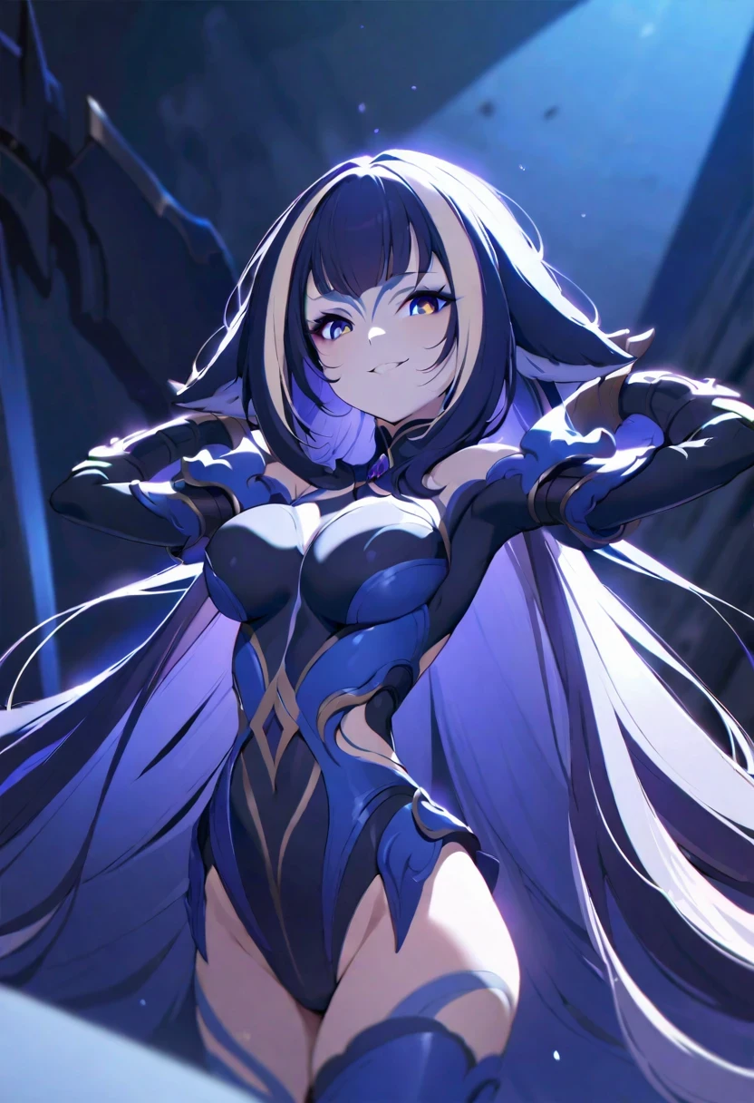 (shylily/(Twich/):1.5),(masterpiece:1.2),(best quality:1.2),, (1girl:1.3),Super fine illustration,((Masterpiece, Best quality)),Extremely detailed eyes and face,The artist has provided more details for anime female characters in armor, 1girll, Dynamic pose, ,Black armor, Solo,Evil smile, Long shiny hair, Shoulder armor, Large of breast,Evil Warrior,Black cuirass,Black bodysuit, Crotch, Dark, Depth of field,Outdoors,Professional lighting,cinematic shadow,Black Knight ,darkened room,