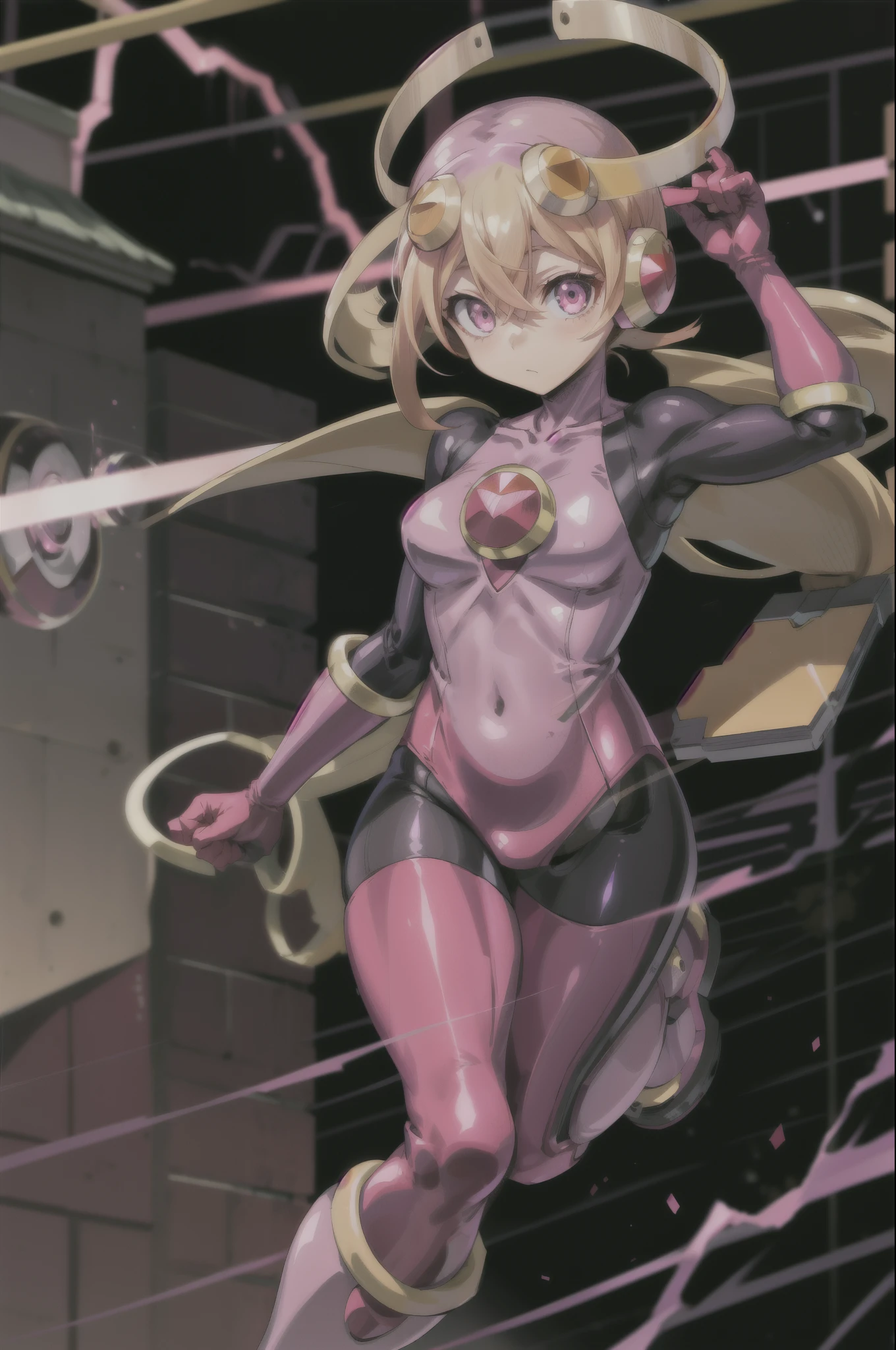 masutepiece,Best Quality,1girl in,roll_..exe_megamanbn,(helmets),Blonde hair,Long hair,Leotard,Pink eyes,Purple bodysuit,body suit,Eyes without light,Changed the main color of the costume from pink to purple,Tied to a machine,glowing circuit background,Black lightning strike