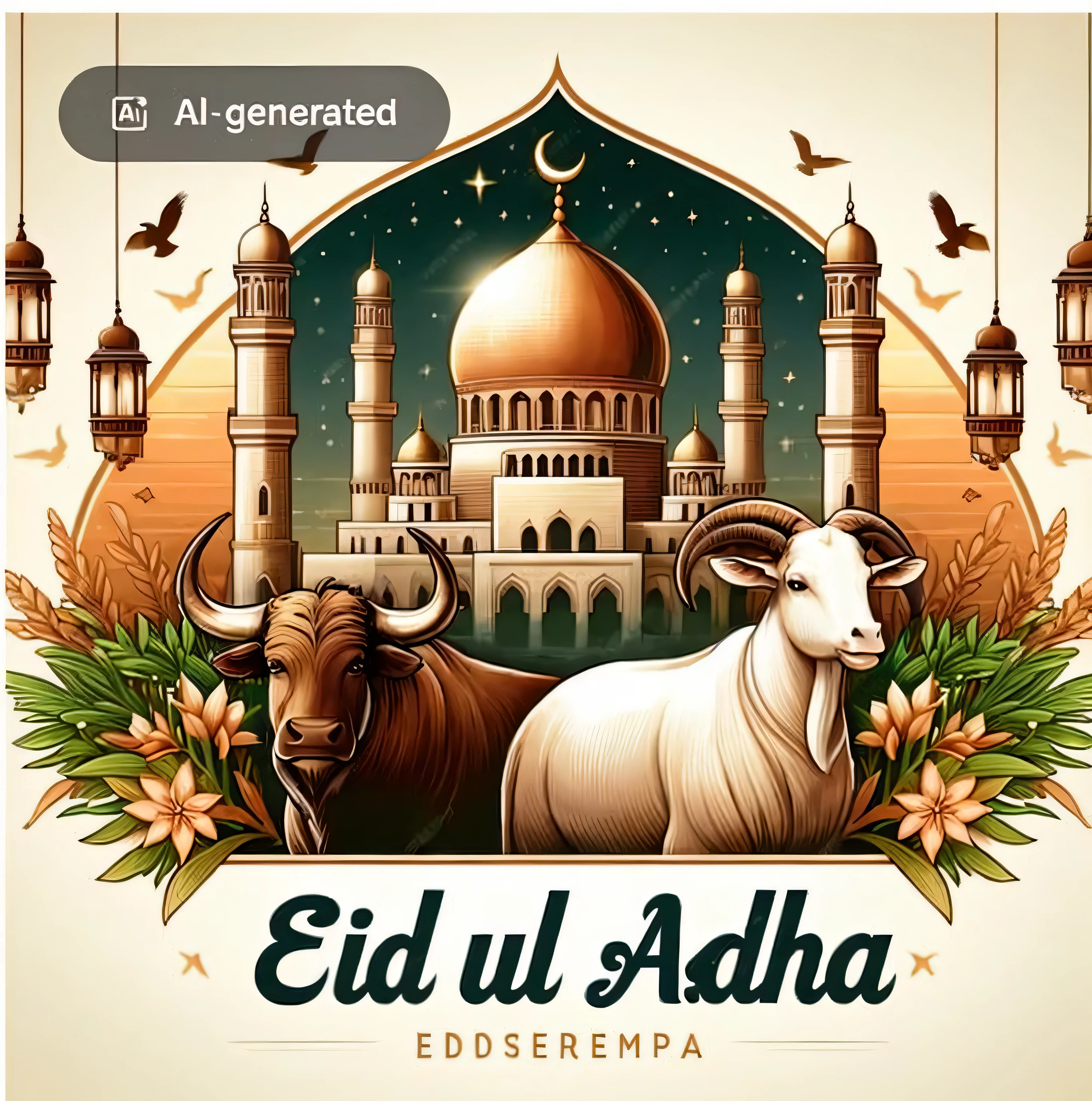 eid al adha greeting with two cows and mosque, 🐎🍑, best on adobe stock, added detail, ☁🌪🌙👩🏾, 🔞🤡,  post, ad campaign, instagram story, 🪔 🎨;🌞🌄, 🐋 as 🐘 as 🤖 as 👽 as 🐳, ad image, 2 5 6 x 2 5 6