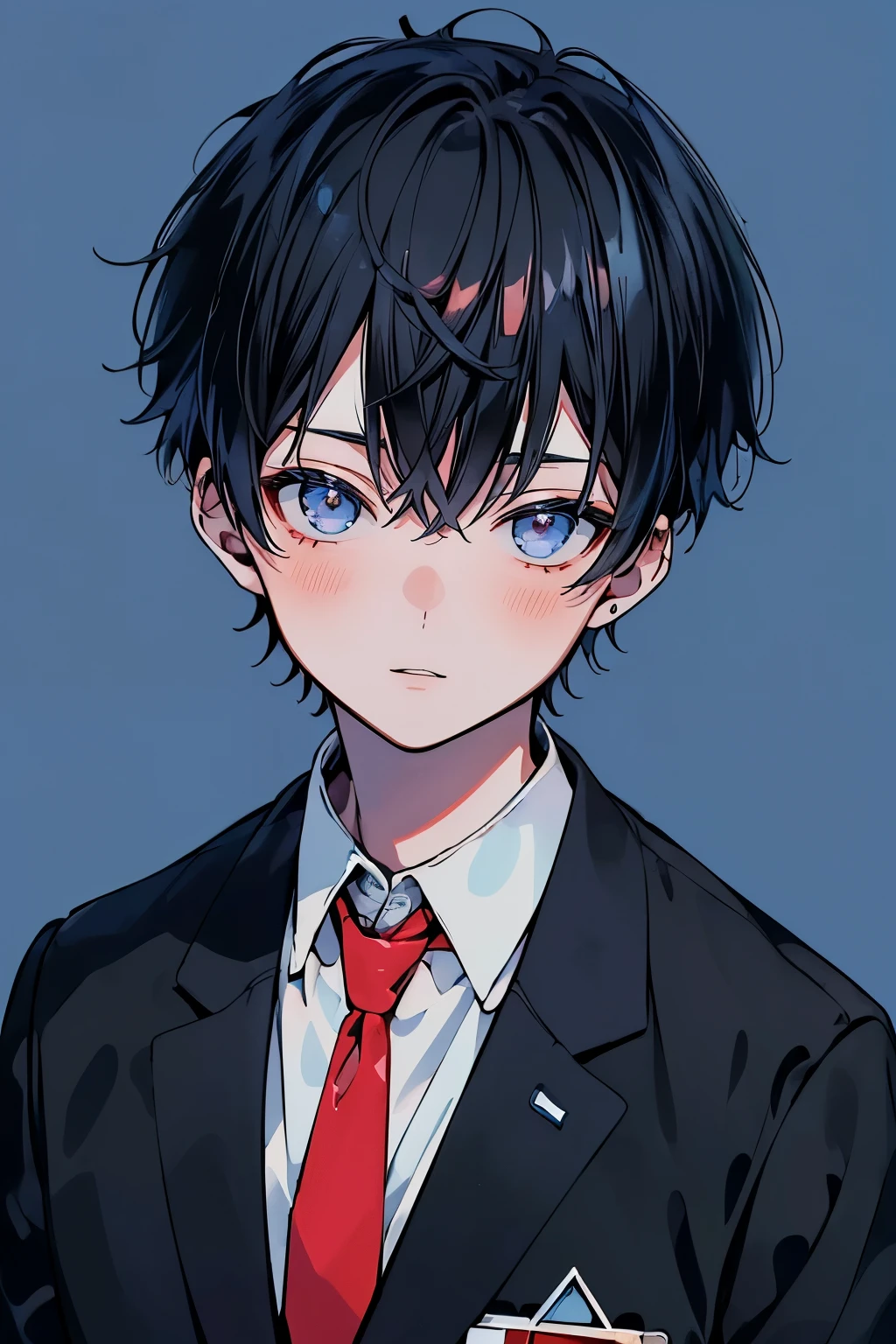 (Mastepiece), (Best Quality), Very detailed, ((ID photo:1.5)), (High school boys:1.4),Perfect Face, Beautiful Face, Very detailed顔,(short black hair man:1.3),(Solid blue background:1.3),Brown blazer,White Shirt,Red tie