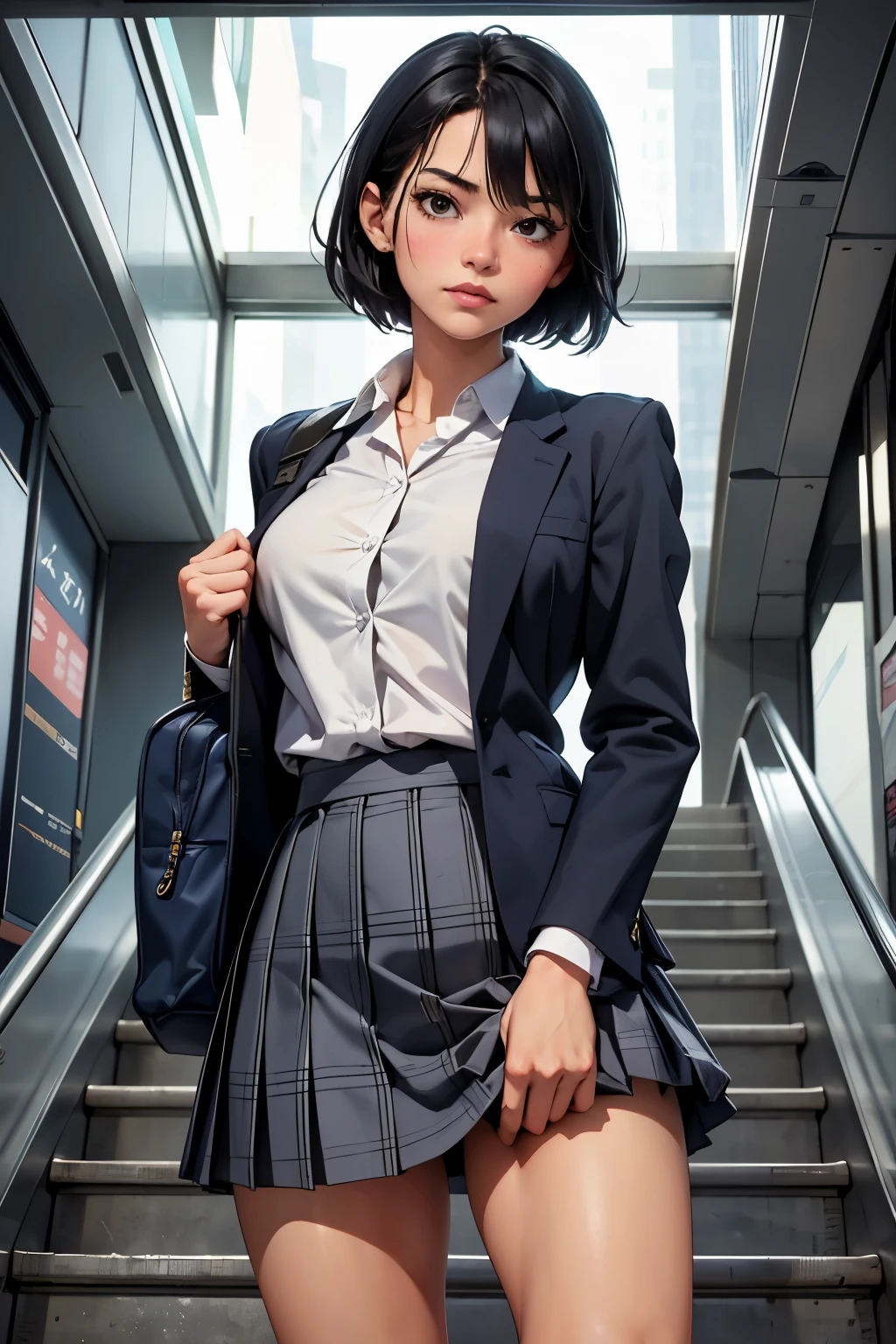 ((highest quality)), ((masterpiece)), (be familiar with),  High school girl riding an escalator on her way home from club activities、Black Hair、short hair、Navy blazer、Grey plaid skirt、navy blue socks、School bag、Back view、covert photography、Holding the skirt with your hands、(View from directly below)、navy blue socksのクローズアップ、mangaコマ割り、Manga style、manga、Station escalator、(crotch peek:1.3)
