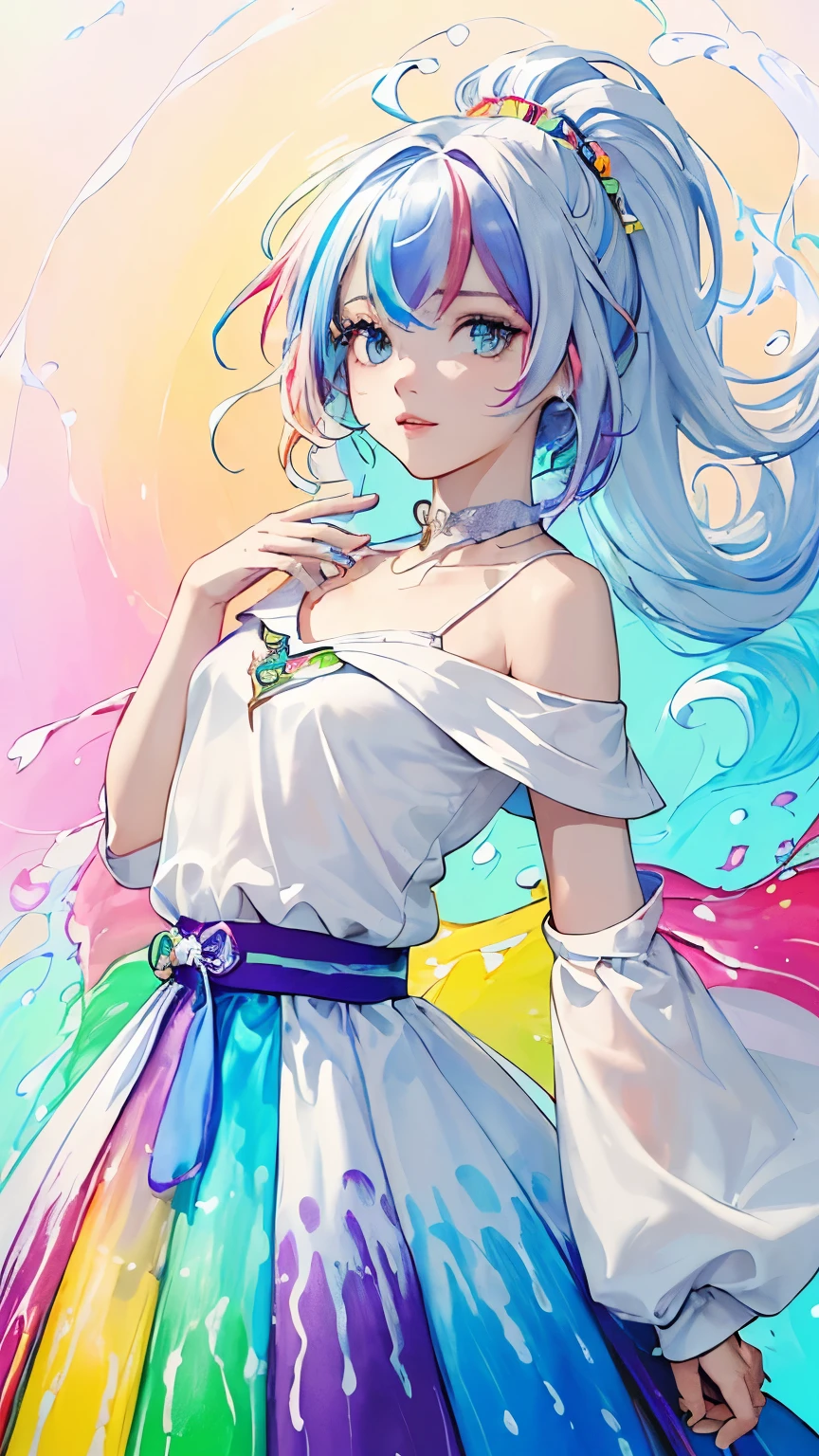 (Pink Fashion T-shirt:1.9),(colorful hair: 1.8), (All the colors of the rainbow: 1.8),(((((vertical paintinging:1.6))), (paintinging:1.6),front, comics, illustrations, paintingings, big eyes, crystal clear eyes,( Rainbow gradient high ponytail:1.7), Exquisite makeup, Shut up,(Small fresh: 1.5),(Wipe Chest: 1.6) ,Long eyelashes, White off-the-shoulder T-shirt, White off-the-shoulder shirt,Looking at the audience, big、watery eyes, (Rainbow Hair:1.6), 色彩飞splash, (Solitary:1.8), 色彩飞splash, Color Explosion, thick painting style, Messy lines, ((shining)),(rich and colorful), (rich and colorful), (rich and colorful), rich and colorful, Thick painting Style, (splash) (Color splash), Vertical paintinging, Upper Body, painting splash, Acrylic paint, slope, painting, Highest image quality, best quality, masterpiece, Solitary, Depth of Field, Face painting, rich and colorful clothes, (elegant: 1.2), Gorgeous,Long hair, Wind, (elegant: 1.3), (petal: 1.4),(((masterpiece))),(((best quality))),((Super detailed)),(illustration),(Dynamic angle),((floating)),(painting),((Messy hair)),(Solitary),(1 Girl) , (((Detailed anima face))),((Beautiful and delicate face)),collar,Bare shoulders,white hair, ((rich and colorful hair)),((Striped hair)),Beautiful and delicate eyes,(slope color eyes),(((rich and colorful eyes))),(((rich and colorful background))),(((High Saturation))),(((surrounded by rich and colorful splashes))),