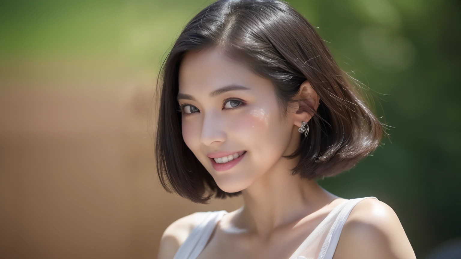 ((Top Quality, 8K, Masterpiece: 1.3, Super A High Resolution)), (Clear Focus: 1.4), Japanese Woman, Cute, Alone, Full Body Esbian, (Twisting the Body: 1.1), Light Peel ((black hair, short bob)), long sleeveless, (detailed fabric, detailed fabric, sheer: 1.5, very detailed face, very detailed face, detailed face, detailed eyes, Narrow eyes, moist eyes, double eyelids, natural skin, red cheeks, detailed skin, sweating, glossy skin, glossy skin, glossy skin, shadowy skin, glossy skin, make-up, detailed lips, complexion nice lips, smile, break HA, (huge breasts): 1.1), beautiful leg lines, beautiful long legs, looking at camera, BREAK, (detailed background: 1.1, outdoor concert: 1.8), natural light