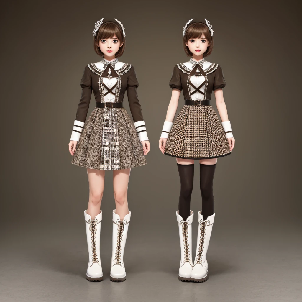 1girl、Standing in front of the viewer、Masterpiece、Official Art、high waist、Brown and dark brown houndstooth A-line dress、Dark piping、Super detailed、super beautiful、white straight short hair、Baby Face、Knee-high boots、