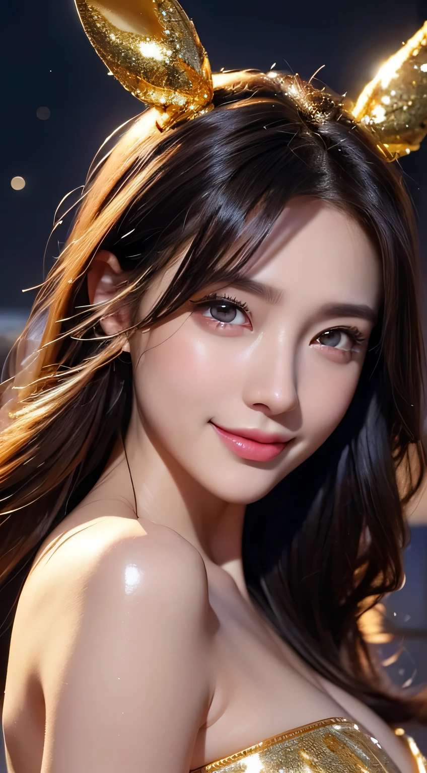 Beautiful woman，body portrait、8k，thin and beautiful eyes，Dindal effect、masterpiece, 最high quality, high quality, High resolution、very detailed photos、(natural skin texture、fine skin、hyper realism、Super sharpness)、high detail skin、(very detailed、fine skin texture、intricate details、beautiful face、(lifelike face)、realistic eyes、beautiful and detailed eyes、real looking skin、beautiful skin、big breasts、G cup、glamorous、shiny skin、oily muscles、Bunny girl、surreal、very detailed、golden ratio、with smiling eyes、((night moonlight background))、body portrait
