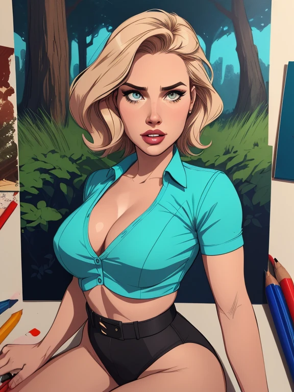 Personagem mulher Geena Davis PinUp dos anos 30 com marcas de guerras Imagem de desenho animado de uma mulher .Ilustra??o estilo desenho animado, estilo de arte dos desenhos animados, estilo de arte dos desenhos animados, digital illustration style, design de personagens altamente detalhado, arte digital detalhada coragem, Forest fan art, Design de personagens de retrato, beautiful digital illustration, retrato de alta qualidade, Arte em quadrinhos, mulher jovem cabelo com transas lindas . Beautiful lined eyes Medium large bust and wonderful sexy clothes. image expression of sexual desire from the waist to the uniform illustration Geena Davis Fallout 23