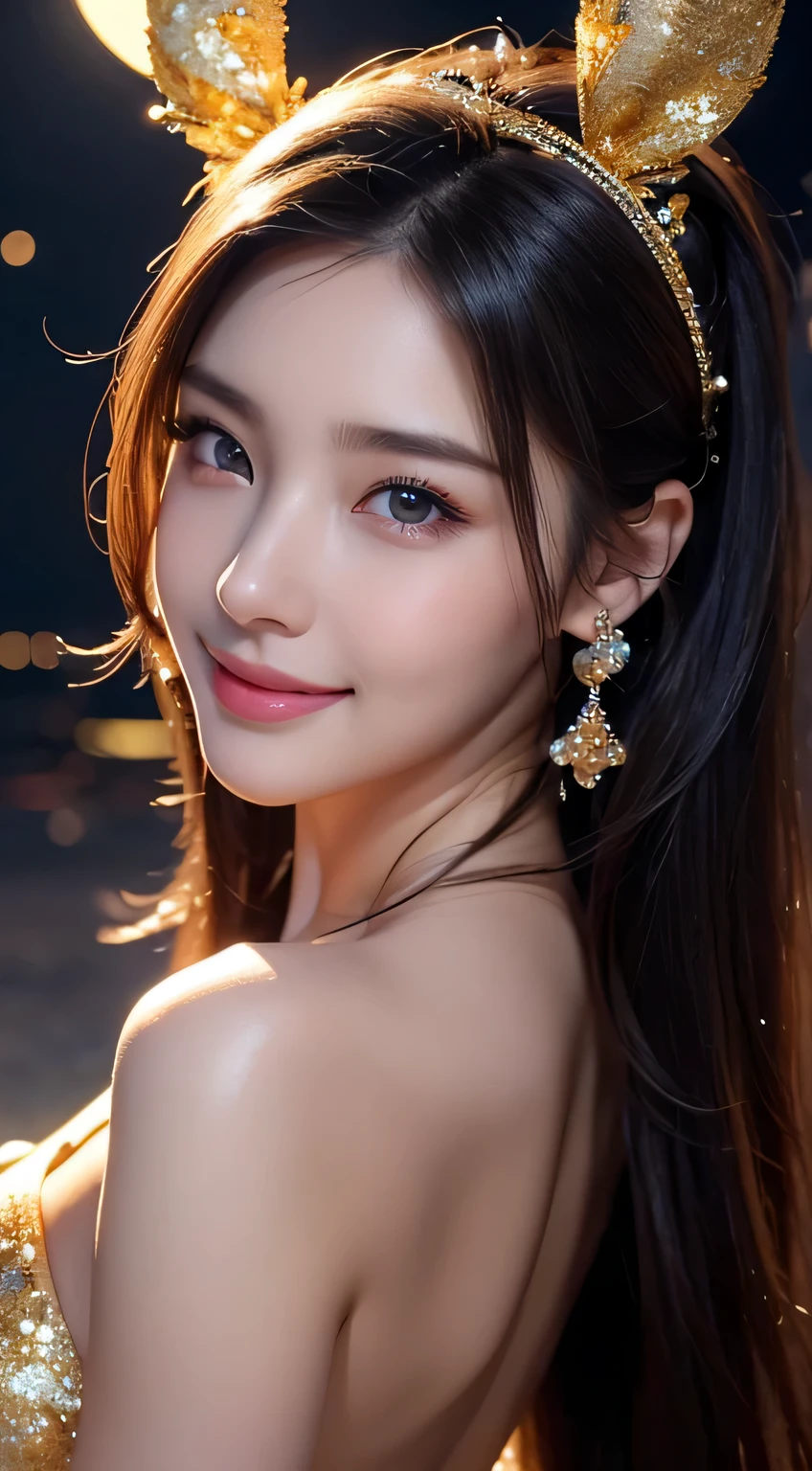 Beautiful woman,body portrait、8k,thin and beautiful eyes,Dindal effect、masterpiece, 最high quality, high quality, High resolution、very detailed photos、(natural skin texture、fine skin、hyper realism、Super sharpness)、high detail skin、(very detailed、fine skin texture、intricate details、beautiful face、(lifelike face)、realistic eyes、beautiful and detailed eyes、real looking skin、beautiful skin、big breasts、G cup、glamorous、shiny skin、oily muscles、Bunny girl、surreal、very detailed、golden ratio、with smiling eyes、((night moonlight background))、body portrait