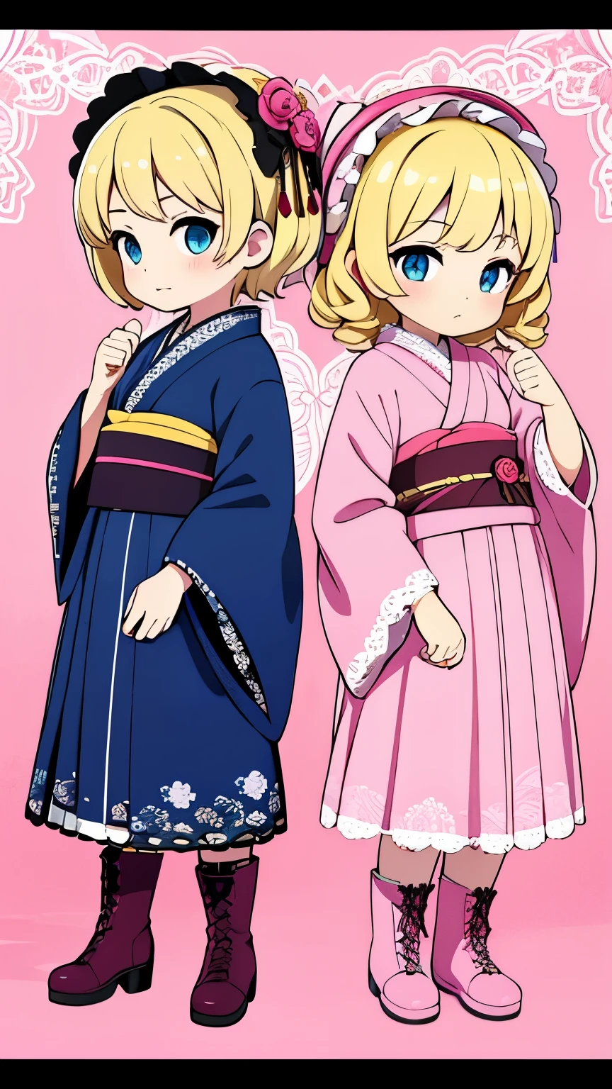 Teenage Girls,Blonde curly short hair,Dark blue eyes,Pink kimono,Green band,pink lolita bonnet,Japanese and Western eclectic,Lolita Fashion,kimono,Character portrait,Lace-up boots on the feet,Rose ornament