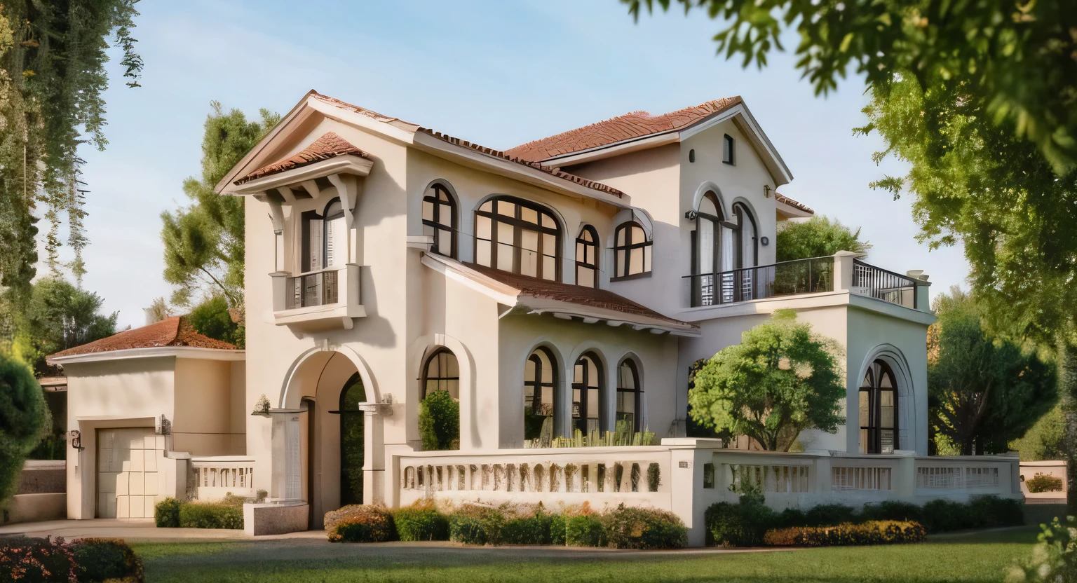 (Mediterranean Revival  house ,close houses and trees), (Mediterranean Revival  style architecture) daylight ( best quality) ((high solution)) ,(( photo realistic)) ,warm light,  soft lighting, warm atmosphere,high Resolution, hyper detailed,4k ,vray render, octane render, hyper realistic, photography expert ,exterior design , professional photography, exterior photography,wide-angle shot , ultra detail , high Resolution , full frame, full body, Tree realistic, autumn