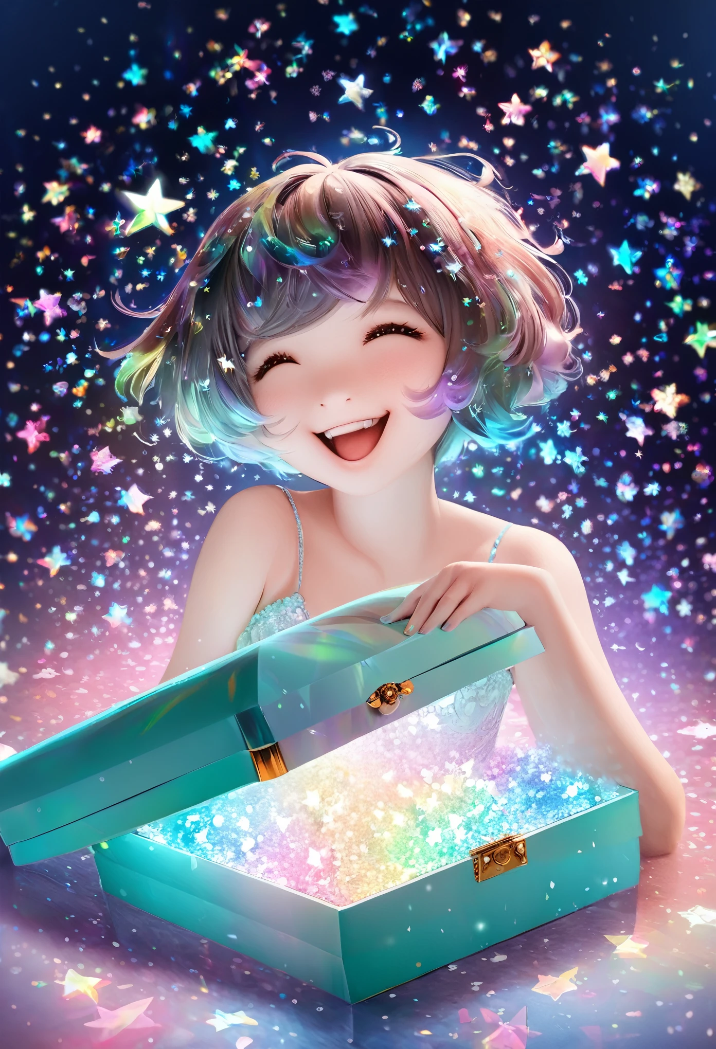 best quality, super fine, 16k, incredibly absurdres, extremely detailed, iridescent colorful jewels overflowing from Tiffany blue jewelry box, the smiling face of a beautiful cute girl worth over a million dollars, messy glossy short hair, image with the effect of falling sparkling stars, joy, happiness abd happiness. expression, professional lighting