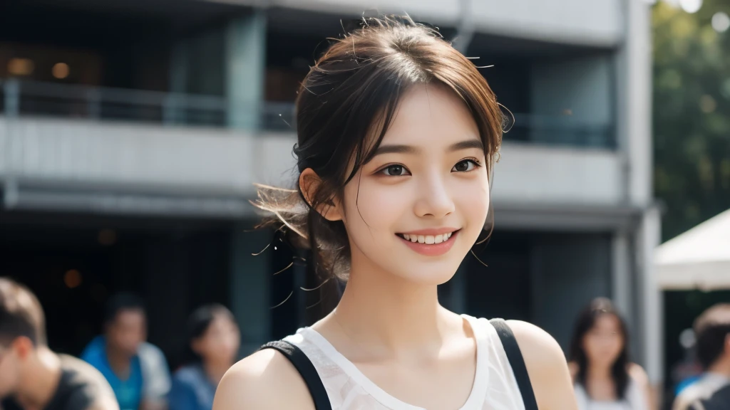 (Realistic: 1.4), (highest quality: 1.4), (Fine grain), Full body shot, ((Blur the background)), ((Watching the audience)), ((1 female college student)), Black Hair, ((Plain clothes with little exposure)), Wide eyes, Blushed face, ((smile)), ((Outdoor)), Highly detailed face and skin texture, Healthy Skin, 8k resolution