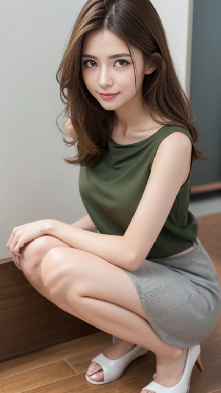 highest quality，masterpiece，超A high resolution，RAW Photos，woman，Loose permed hair、length、brown hair、Japanese、Loose permed hair、ミディアムショートのlength、brown hair、smile、Professional photography、Same skin type as humans、46 years old、Cute Wife、(No makeup:1.2)、(No makeup:1.2),成熟したwoman、adult sex appeal、大人のキュートなwoman、eyes are a little narrow、Cute eyes、Droopy eyes、Anatomical accuracy、Very detailed and beautiful、Ultra HD、length、her hair is tied、A transparent married woman、housewife、Thin upper lip、The lower lip is a little thick、Shoulder-length hair、Sleeveless、Long skirt、Casual clothing、skirt with flared hem、C cup bust、Small Asop the floor、Floor cleaning、squat