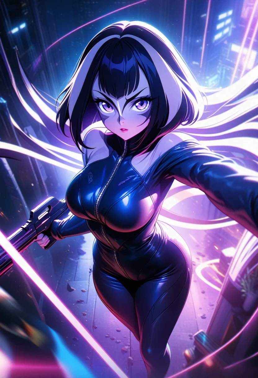 (shylily/(Twich/):1.5),(masterpiece:1.2),(best quality:1.2),, (1girl:1.3),cyberpunk style，charming woman，Leather jumpsuit covers the whole body，full breasts，High-heeled leather shoes，Pointing a laser gun at me，open fire，（There are many small pieces of gravel floating in the air around me.:1.5），Beautiful，Glowing special effects，celluloid style，Flat coating，HD，CG art，comics，8K，looking into camera，high quality，illustration，Vaporwave style，rim light，movie lighting，Super detailed，complex，OC renderer，cinematic perspective，high resolution