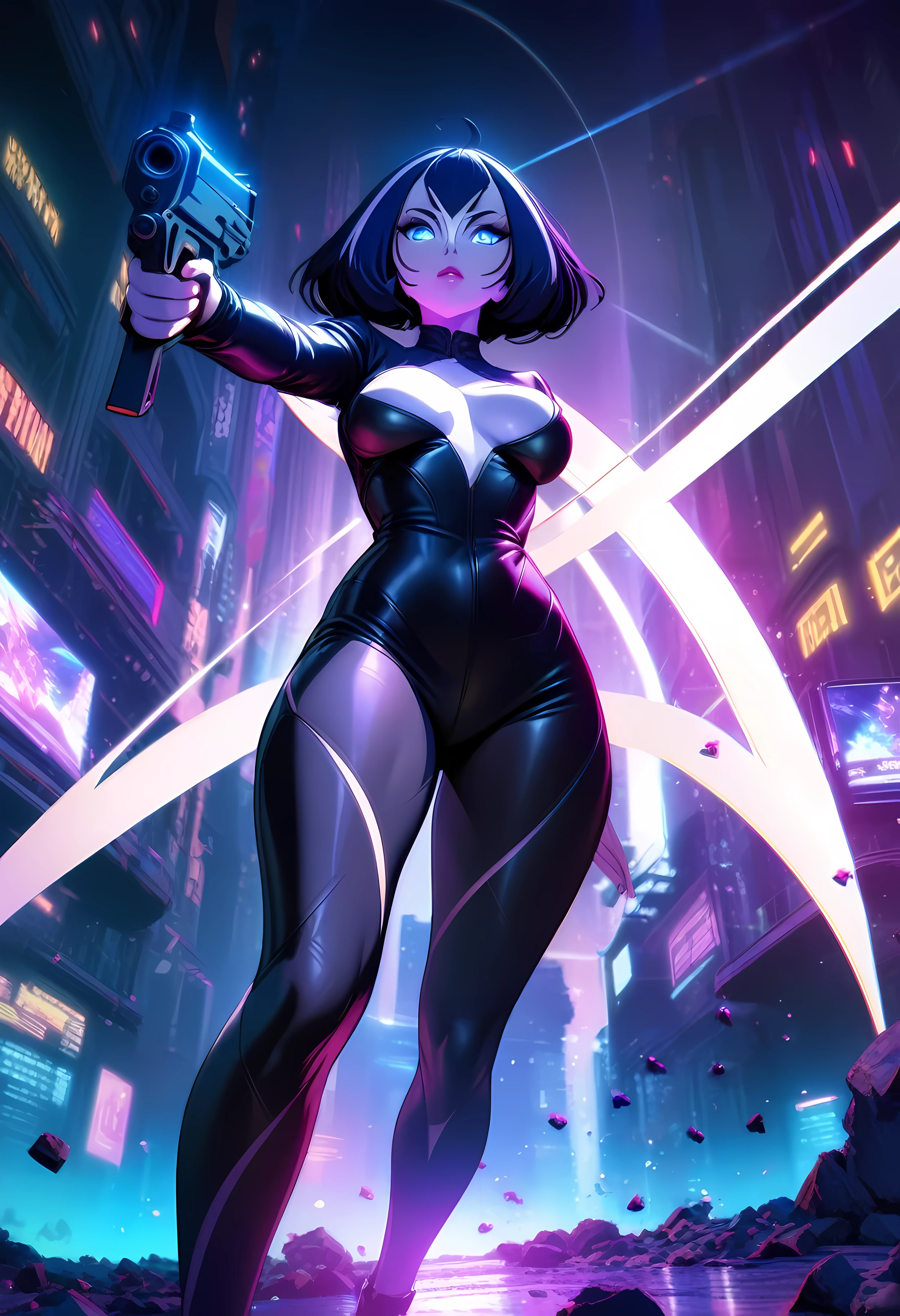 (shylily/(Twich/):1.5),(masterpiece:1.2),(best quality:1.2),, (1girl:1.3),cyberpunk style,charming woman,Leather jumpsuit covers the whole body,full breasts,High-heeled leather shoes,Pointing a laser gun at me,open fire,(There are many small pieces of gravel floating in the air around me.:1.5),Beautiful,Glowing special effects,celluloid style,Flat coating,HD,CG art,comics,8K,looking into camera,high quality,illustration,Vaporwave style,rim light,movie lighting,Super detailed,complex,OC renderer,cinematic perspective,high resolution