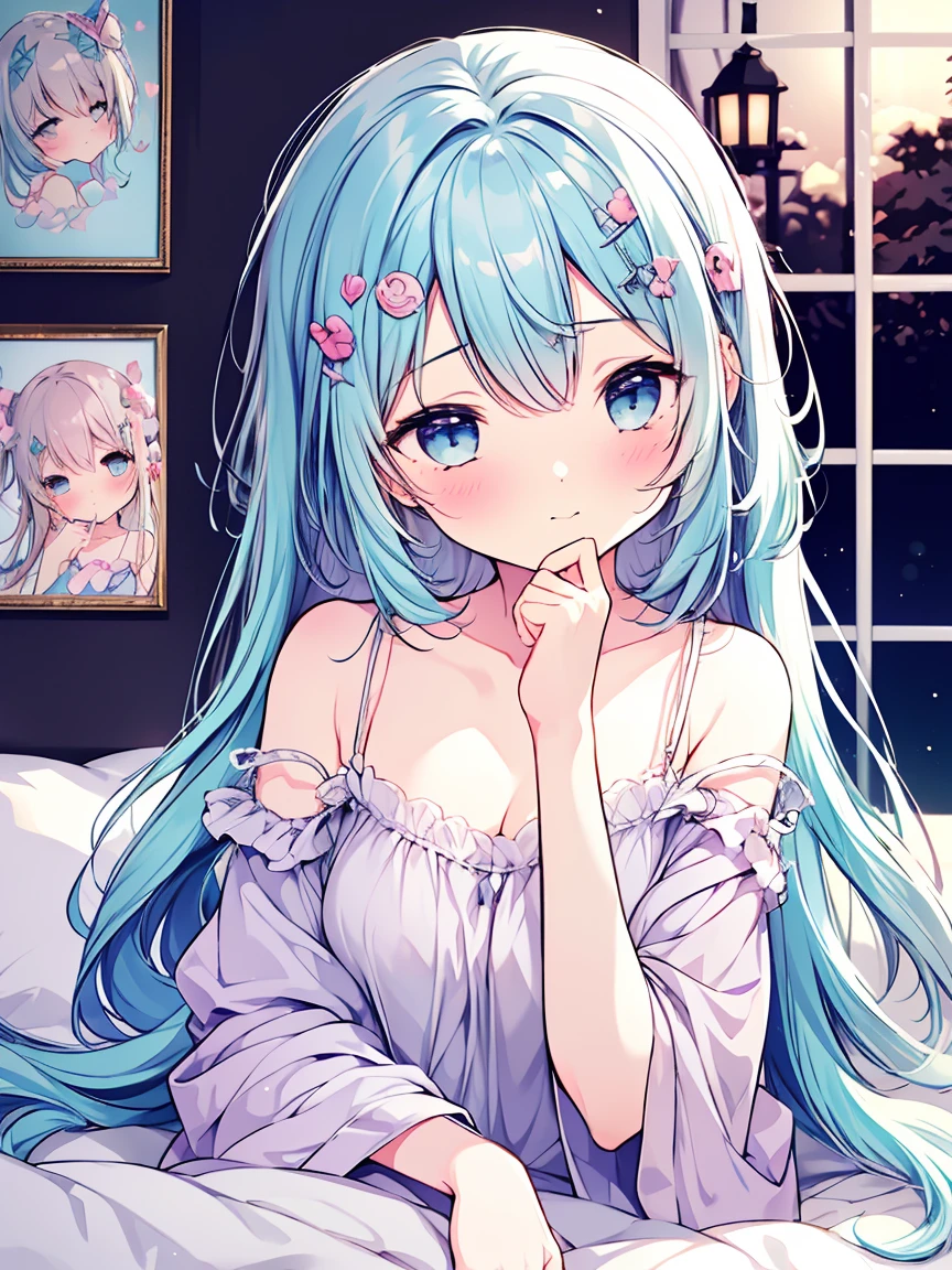 masterpiece, best quality, extremely detailed, (illustration, official art:1.1), shy,1 girl ,(((( light blue long hair)))), light blue hair, ,10 years old, long hair ((blush)) , small breasts,cute face,masterpiece, best quality,best quality, absurdres, {{{{{{{{{{wavy hair}}}}}}}}}}, {{{blue hair, blue eyes}}}, nightgown, {{{lace trim}}}, off shoulder,
1girl, sleeping soundly, soft pillow, serene expression, fluffy blanket, moonlight filtering, teddy bear companion, gentle breathing, soft pastel nightgown, dreamy ambiance, hair sprawled delicately, window slightly open, gentle night breeze, soft chirping crickets, delicate eyelashes, small smile, dream bubble, floating above her head, whimsical fairytale scene inside, soft pink walls, childhood photo frame,wink , sweet dream,whimsical clouds on the walls、giggling and blushing、happy and peaceful mood、