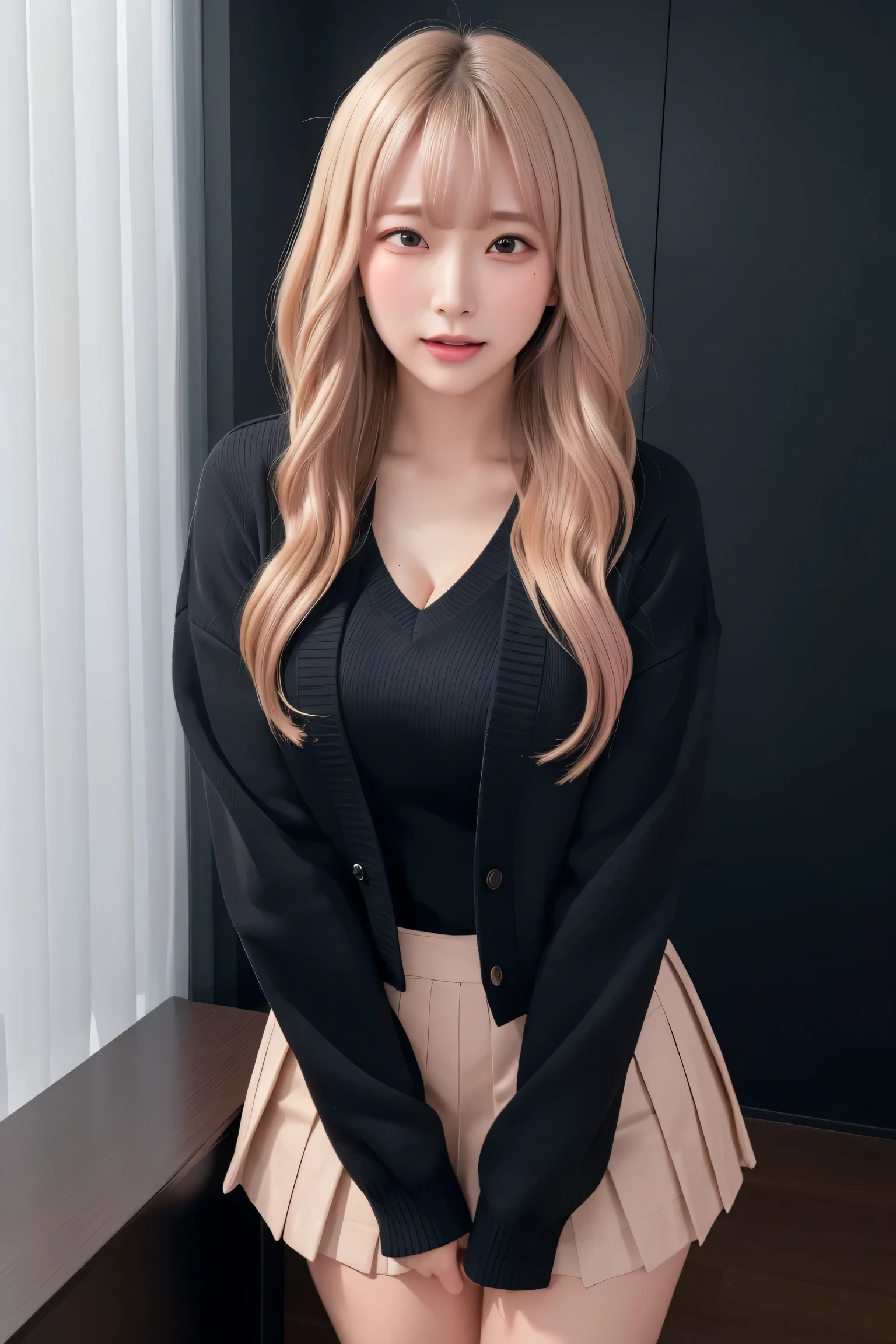 ((Top Quality, 8k, Masterpiece: 1.3)), (remote_play), (remote_Vibrate), Ulzzang-6500-v1.1, Purelos Face_v1, highest quality, masterpiece, figure, (Realistic, photo-Realistic:1.37), wonderful, In detail, Incredibly absurd, Large file size, Very detailed, High resolution, Very detailed CG Unity 8k wallpaper, Ray Tracing, Browsing Caution, 1 Female, Japanese Mature,jukujo, (Dark blonde medium waves falling over one eye with swept bangs:1.3), (Slender body),(Wearing a jacket over a V-neck sweater,Wearing a pleated skirt),(Blushing:1.4),(Cleavage), close your eyes, We witness an individual overwhelmed by the intense stimulation caused by a powerful Vibrate device. The jolts of pleasure or surprise prompt them to instinctively crouch down, Their knees buckle as their bodies react to the electric vibrations.. With close your eyes and an open mouth, Their expressions convey a mixture of joy, surprise, And hints at vulnerabilities. The energy of the scene is palpable, Viewers are invited to share their own thrilling experiences with the subject.,Glasses,In a deserted and cluttered back