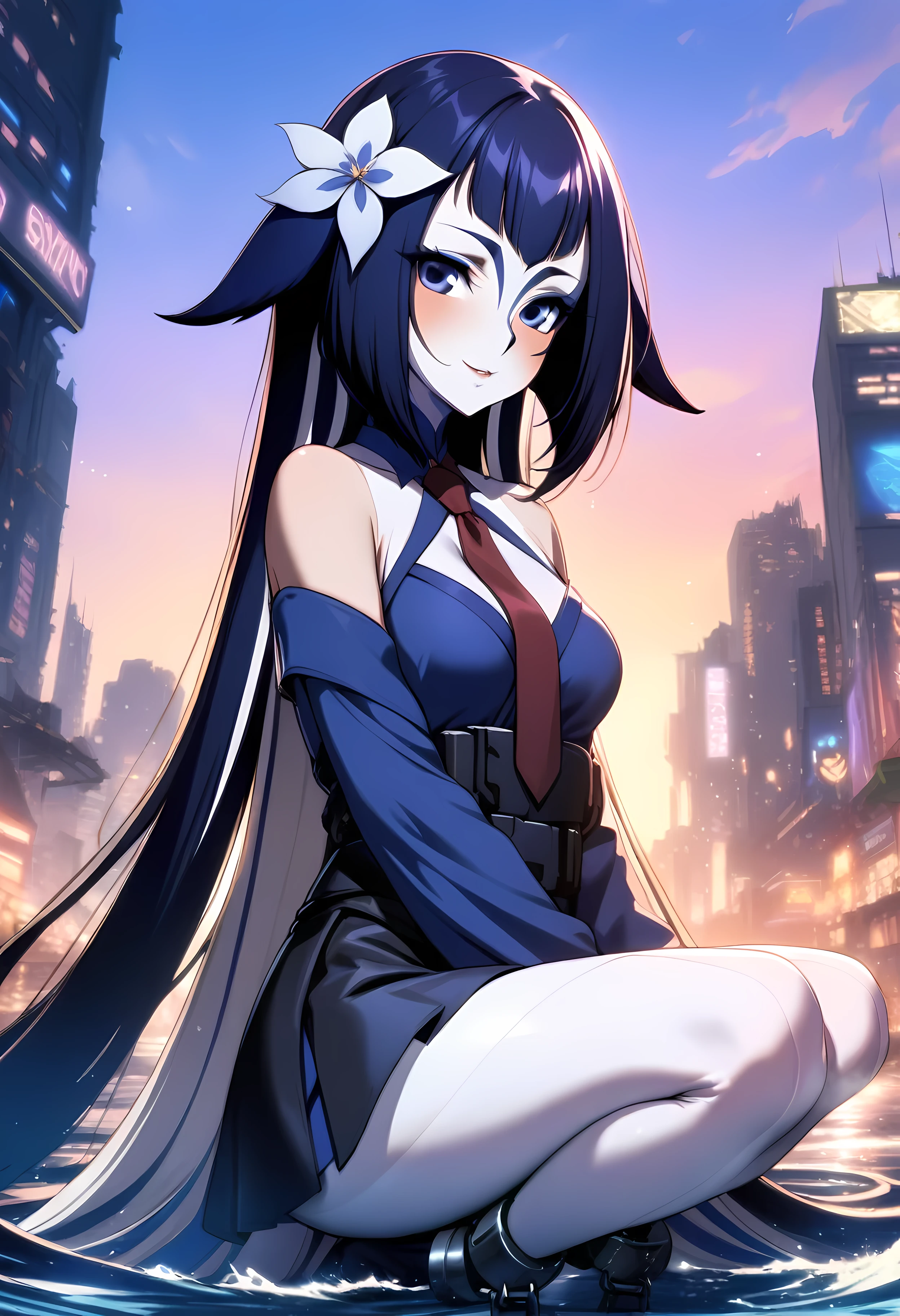 (shylily/(Twich/):1.5),(masterpiece:1.2),(best quality:1.2),, (1girl:1.3),masterpiece, best quality, sky, Sunset, In the ocean, In cyberpunk cities, Practical, huge_File size, wallpaper, girl, Long hair, curls, Beautiful and delicate eyes, seductive smile, Medium breasts, straight dress, a, only_bShoulder, stripe, Frills, Detached_sleeve, mini skirt, Suspender Bikini, White pantyhose, hair ribbon, flower ribbon, hair_flower, Neck tie, period, shackles, Squat, sitting,