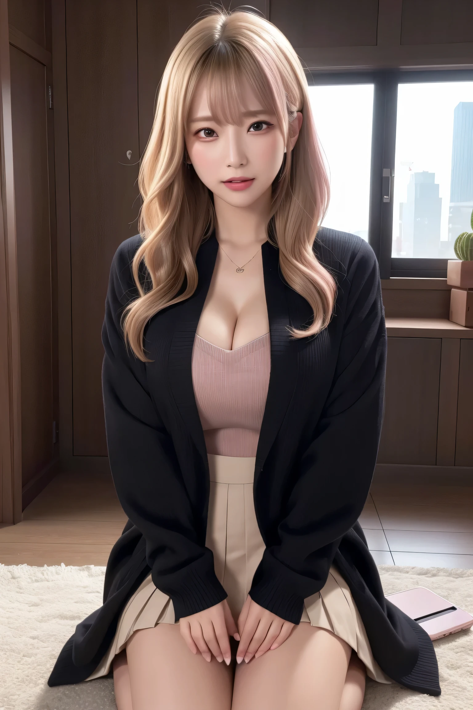 ((Top Quality, 8k, Masterpiece: 1.3)), (remote_play), (remote_Vibrate), Ulzzang-6500-v1.1, Purelos Face_v1, highest quality, masterpiece, figure, (Realistic, photo-Realistic:1.37), wonderful, In detail, Incredibly absurd, Large file size, Very detailed, High resolution, Very detailed CG Unity 8k wallpaper, Ray Tracing, Browsing Caution, 1 Female, Japanese Mature,jukujo, (Dark blonde medium waves falling over one eye with swept bangs:1.3), (Slender body),(Wearing a jacket over a V-neck sweater,Wearing a pleated skirt),(Blushing:1.4),(Cleavage), close your eyes, We witness an individual overwhelmed by the intense stimulation caused by a powerful Vibrate device. The jolts of pleasure or surprise prompt them to instinctively crouch down, Their knees buckle as their bodies react to the electric vibrations.. With close your eyes and an open mouth, Their expressions convey a mixture of joy, surprise, And hints at vulnerabilities. The energy of the scene is palpable, Viewers are invited to share their own thrilling experiences with the subject.,Glasses,In a deserted and cluttered back 