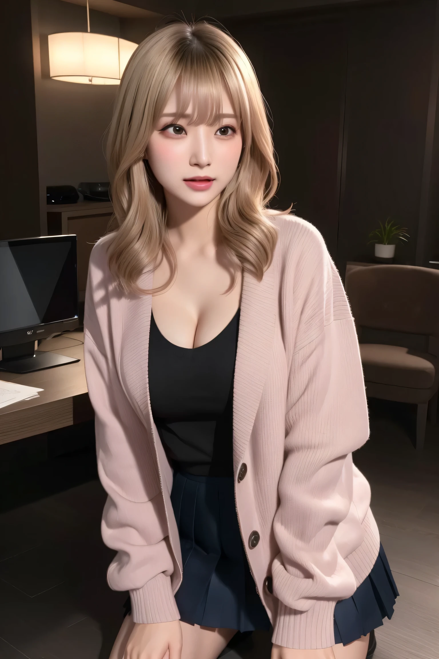 ((Top Quality, 8k, Masterpiece: 1.3)), (remote_play), (remote_Vibrate), Ulzzang-6500-v1.1, Purelos Face_v1, highest quality, masterpiece, figure, (Realistic, photo-Realistic:1.37), wonderful, In detail, Incredibly absurd, Large file size, Very detailed, High resolution, Very detailed CG Unity 8k wallpaper, Ray Tracing, Browsing Caution, 1 Female, Japanese Mature,jukujo, (Dark blonde medium waves falling over one eye with swept bangs:1.3), (Slender body),(Wearing a jacket over a V-neck sweater,Wearing a pleated skirt),(Blushing:1.4),(Cleavage), close your eyes, We witness an individual overwhelmed by the intense stimulation caused by a powerful Vibrate device. The jolts of pleasure or surprise prompt them to instinctively crouch down, Their knees buckle as their bodies react to the electric vibrations.. With close your eyes and an open mouth, Their expressions convey a mixture of joy, surprise, And hints at vulnerabilities. The energy of the scene is palpable, Viewers are invited to share their own thrilling experiences with the subject.,Glasses,In a deserted and cluttered back 
