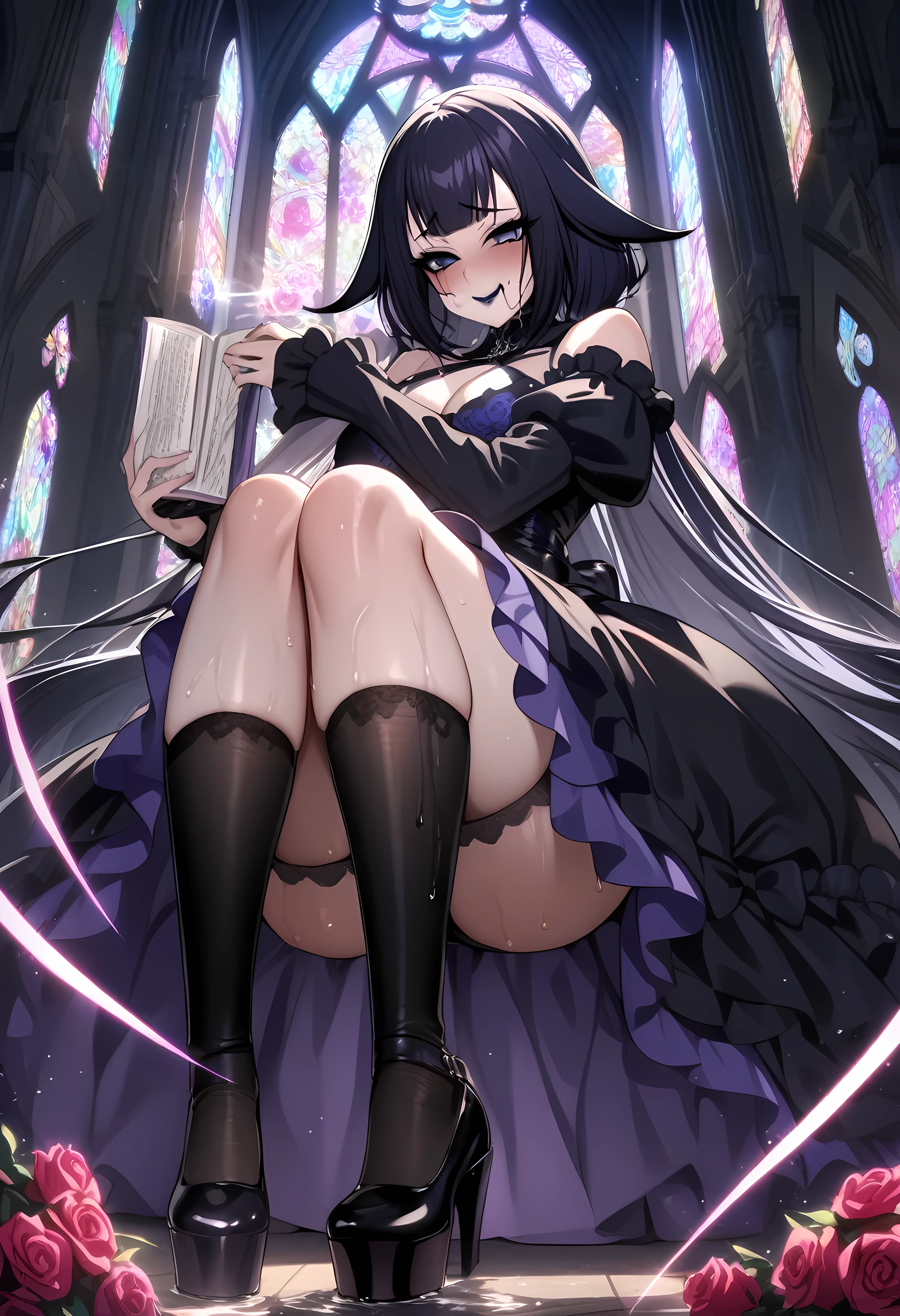 (shylily/(Twich/):1.5),(masterpiece:1.2),(best quality:1.2),, (1girl:1.3),Hard Dark Gothic Makeup、my sanity、deep night sky、horror、black dark eyeshadow、cry、sad、Good skin radiance、Dark Gothicメイク、dark smile、palace、fragrant beauty、22 years ago、Expression of intense sexual pleasure、embarrassed look、Dark Gothic、Obscene expression、highest quality、View 5 books、Expression of sexual pleasure in suffering、Drunk face、purple maid outfit、Mysterious、Noble、A face that is holding back the toilet、Super sexy、Loving smile、twin tail hair、jet black ruffle skirt、right blue eye, Left eye is red、Super bewitching pose、platform heel shoes、Heavy makeup、Black lipstick、make the world beautiful、gothic ta clothing、A little slimmer、silver hair、long hair straight hair、Cute Gothic Loliress、beautiful face、elegant features、bewitching face、knee high socks、Stained glass background、Chest glistening with sweat、The room is dark、goth long dress、bell sleeve、Wizard Sleeve、decadent look、sexually excited look、gothic mode、Glossy thighs wet with water、Thighs that are wet and shiny with oil、Background of a room full of roses、sad expression、Rose Maiden、The embroidery is pink、The costume has pink embroidery、Thigh-high socks、knee high socks、gentle expression、masturbation behavior、Dark black eyeshadow、despicable act、Stained glass and rose background、Wearing black underwear、black panties、thighs are a little thin、duo、female couple、i have lesbian friends、Are standing、hug a girl、A blue lightning bolt shines in his right hand、A blue electromagnetic wave shines in my hand.、dark church background、Stained glass、black metal world、dark castle、dark room、Her thighs shine with a lot of sweat、My body is wet and shiny、Lots of glitter on the thighs、sweating、My thighs are sticky from sweating、Sweat glistens on my thighs, The whole body is sweaty and shiny、pretty sweaty、My thighs are sweaty、my thighs are so wet、I sweat a lot and my thighs are shiny......、A large amount of sweat shines all over the body、slender body、thin legs、upright、walk、