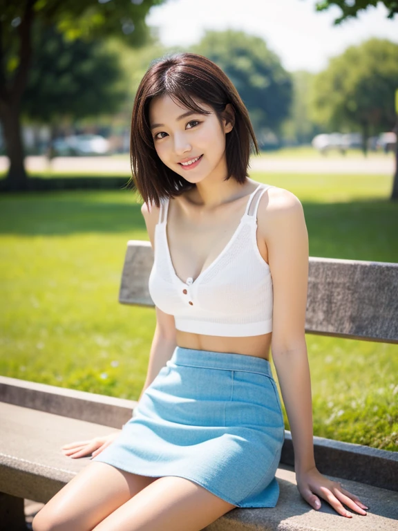 (Detailed skin:1.2),(Glowing Skin:1.1), 8k, highest quality, masterpiece, Ultra-high resolution, (Realistic:1.4), RAW Photos, (Soft saturation:1.3), (色white:1.2), Korean Idol, 27 years old, (masterpiece, highest quality: 1.2),(Highly detailed face, whole body,The real picture, Realistic Skin, Realistic body, Intricate details),Lightly reddish, (Neat and cool casual wear (white)), whiteいブラジャー, Ultra mini skirt 、Tight Skirt、 Sitting on a park bench、(Legs crossed:1.2、Long, slender legs、Beautiful legs)、Beautiful Face、brown hair、short hair, Small breasts, Are thin、Standing there watching me、Smiling、Japanese、Well-formed eyes、Symmetrical eyes、Slender body、I feel like I want to protect you、A neat and clean woman、flat chest、　neat woman, natural beauty、　light makeup　、Thin waist