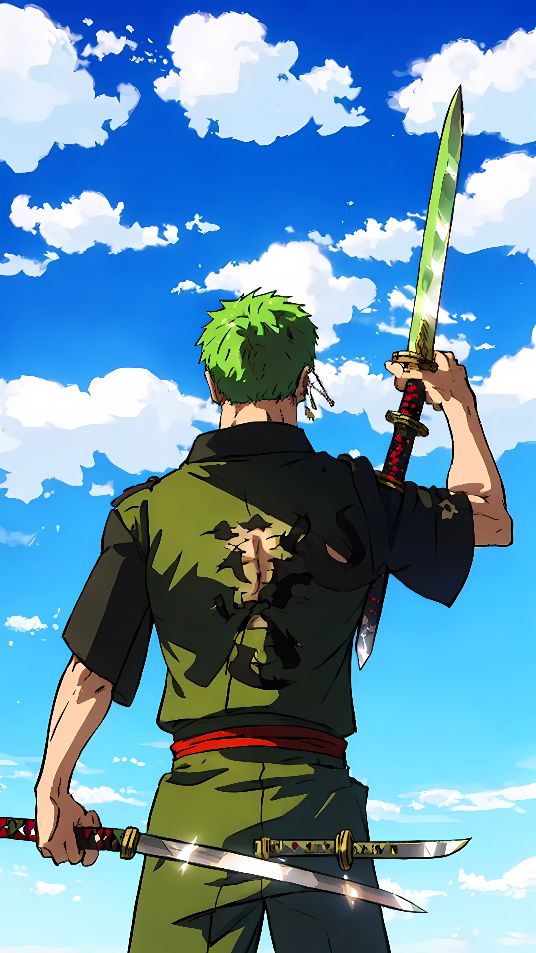 roronoa_zoro, 1boy, male_focus, solo, green_hair, weapon, sword, scar, scar_across_eye, weapon_over_shoulder, over_shoulder, sword_over_shoulder, holding, jewelry, earrings, katana, pectorals, japanese_clothes, one_eye_closed, smile, scar_on_chest, dual_wielding, checkered_background, pectoral_cleavage, scar_on_face, holding_weapon, holding_sword, official_style, sheath, short_hair, full_body, kimonon,bigger_back,bigger_chest,back_view, sky, outdoors, solo, cloud, day, grassf,ield, cloudy_sky,spiked_hair, blue_sky, standing, from_behind, from_below