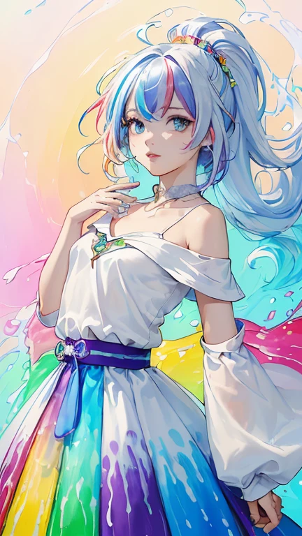 (Pink Fashion T-shirt:1.9),(colorful hair: 1.8), (All the colors of the rainbow: 1.8),(((((vertical paintinging:1.6))), (paintinging:1.6),front, comics, illustrations, paintingings, big eyes, crystal clear eyes,( Rainbow gradient high ponytail:1.7), Exquisite makeup, Shut up,(Small fresh: 1.5),(Wipe Chest: 1.6) ,Long eyelashes, White off-the-shoulder T-shirt, White off-the-shoulder shirt,Looking at the audience, big、watery eyes, (Rainbow Hair:1.6), 色彩飞splash, (Solitary:1.8), 色彩飞splash, Color Explosion, thick painting style, Messy lines, ((shining)),(rich and colorful), (rich and colorful), (rich and colorful), rich and colorful, Thick painting Style, (splash) (Color splash), Vertical paintinging, Upper Body, painting splash, Acrylic paint, slope, painting, Highest image quality, best quality, masterpiece, Solitary, Depth of Field, Face painting, rich and colorful clothes, (elegant: 1.2), Gorgeous,Long hair, Wind, (elegant: 1.3), (petal: 1.4),(((masterpiece))),(((best quality))),((Super detailed)),(illustration),(Dynamic angle),((floating)),(painting),((Messy hair)),(Solitary),(1 Girl) , (((Detailed anima face))),((Beautiful and delicate face)),collar,Bare shoulders,white hair, ((rich and colorful hair)),((Striped hair)),Beautiful and delicate eyes,(slope color eyes),(((rich and colorful eyes))),(((rich and colorful background))),(((High Saturation))),(((surrounded by rich and colorful splashes))),