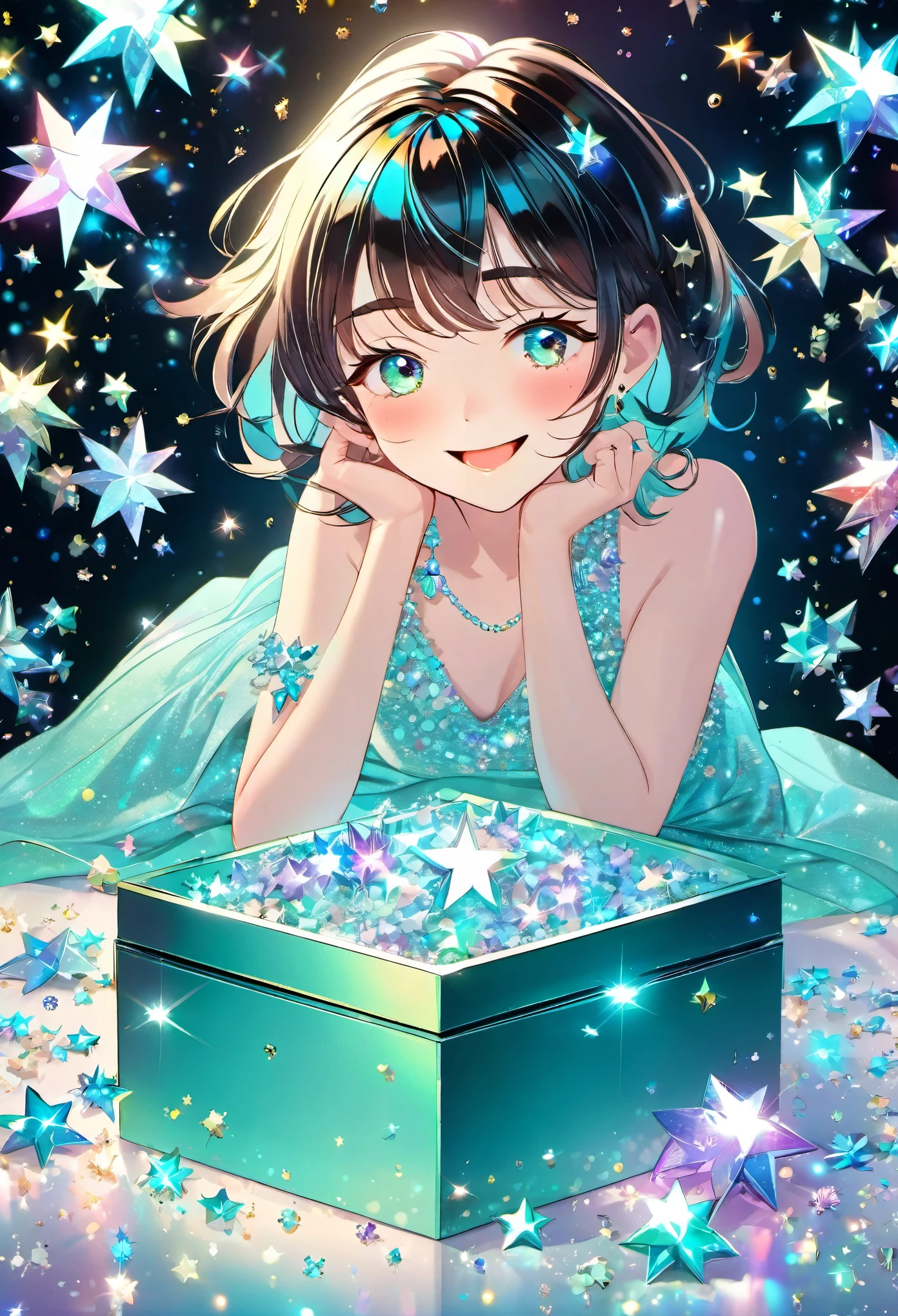 best quality, super fine, 16k, incredibly absurdres, extremely detailed, iridescent colorful jewels overflowing from Tiffany blue jewelry box, the smiling face of a beautiful cute girl worth over a million dollars, messy glossy short hair, image with the effect of falling sparkling stars, joy, happiness abd happiness. expression, professional lighting