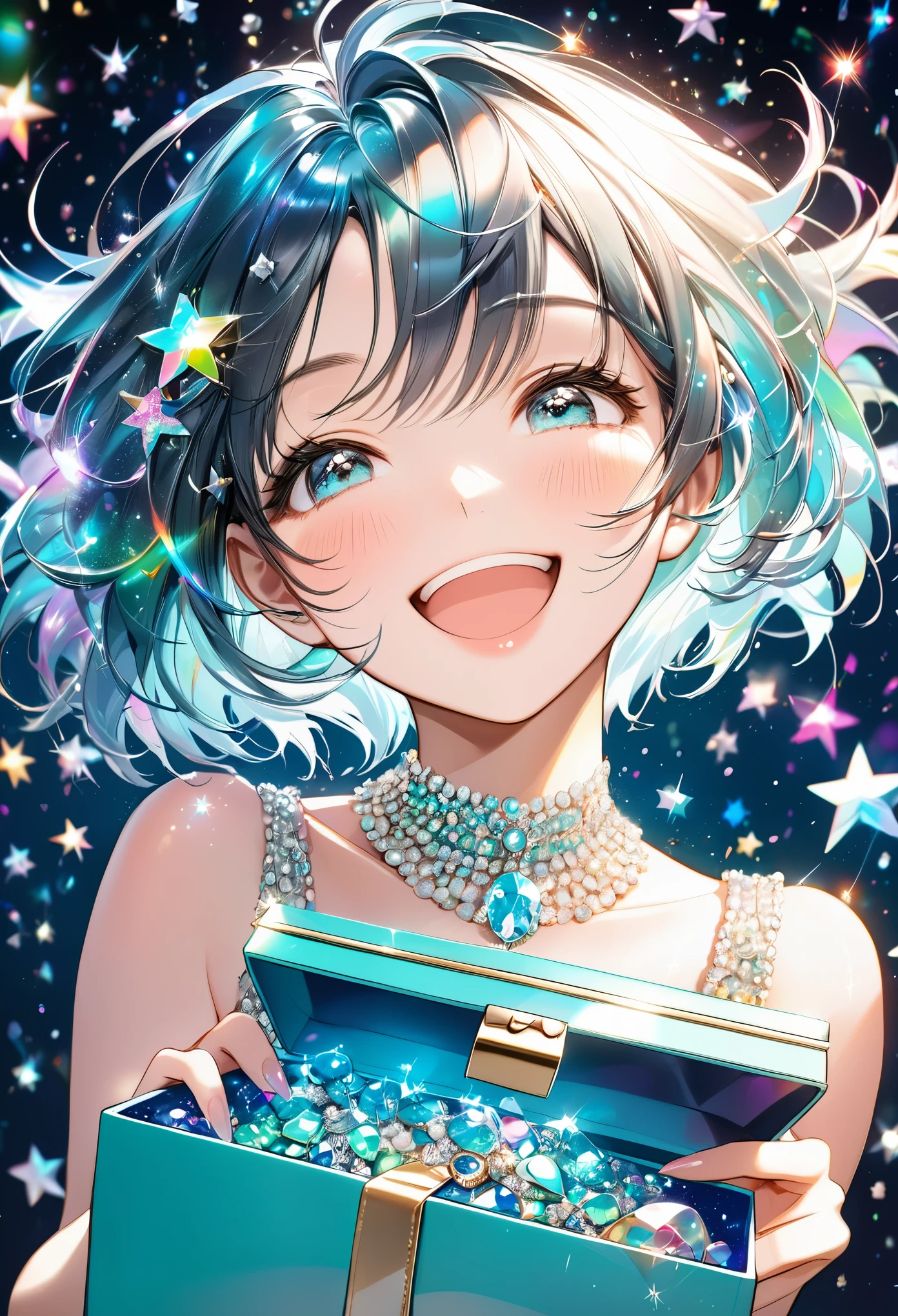 best quality, super fine, 16k, incredibly absurdres, extremely detailed, iridescent colorful jewels overflowing from Tiffany blue jewelry box, the smiling face of a beautiful cute girl worth over a million dollars, messy glossy short hair, image with the effect of falling sparkling stars, joy, happiness abd happiness. expression, professional lighting
