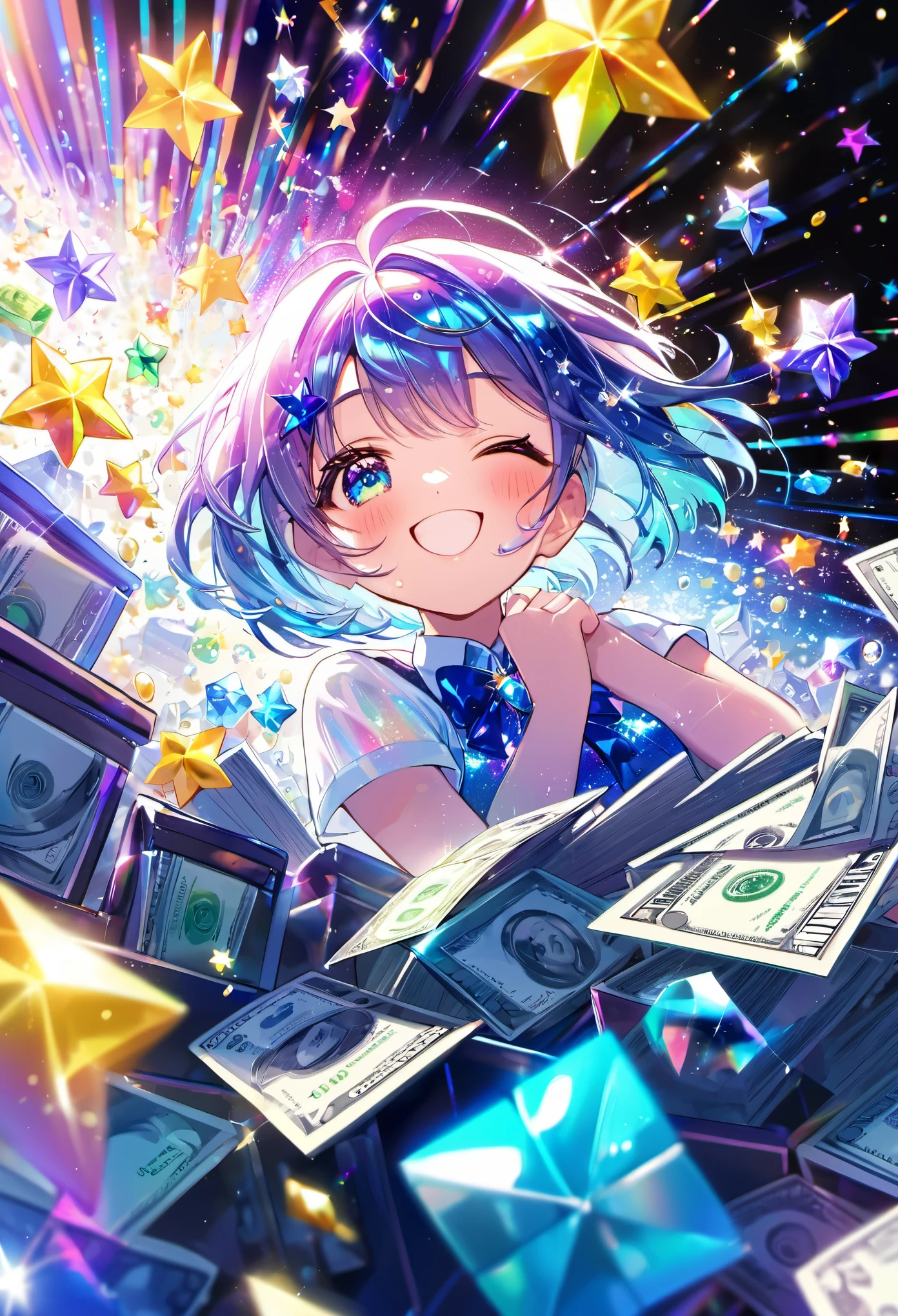 best quality, super fine, 16k, incredibly absurdres, extremely detailed, iridescent colorful jewels overflowing from Tiffany blue jewelry box, the smiling face of a beautiful cute girl worth over a million dollars, messy glossy short hair, image with the effect of falling sparkling stars, joy, happiness abd happiness. expression, professional lighting