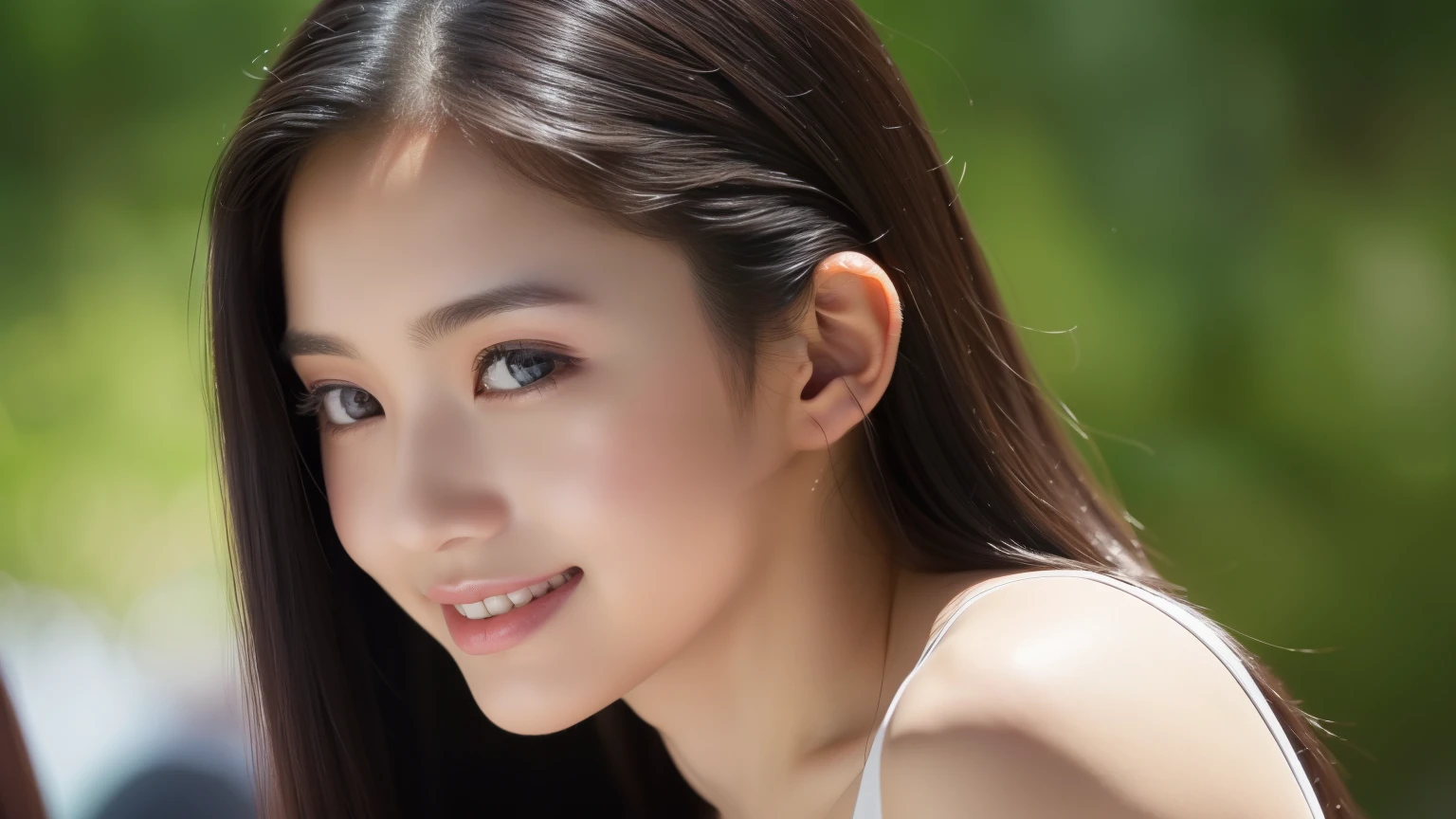 ((Top Quality, 8K, Masterpiece: 1.3, Super A High Resolution)), (Clear Focus: 1.4), Japanese Female, 20 years old, Cute, Alone, Full Body Esbian, (Twisting the Body: 1.1), Light Peel ((black hair), long hair)), sleeveless, (detailed fabric, detailed fabric, thin: 1.5, very detailed face, very detailed face, detailed face, detailed eyes, narrow eyes, moist Eyes, double eyelids, natural skin, red cheeks, details skin, sweating, glossy skin, glossy skin, glossy skin, shaded skin, glossy skin, makeup, detailed lips, ruddy lips, smile, break HA, ( Huge breasts): 1.1), Beautiful leg lines, Beautiful long legs, Looking at camera, BREAK, (Detailed background: 1.1, Outdoor concert: 1.8), Natural light