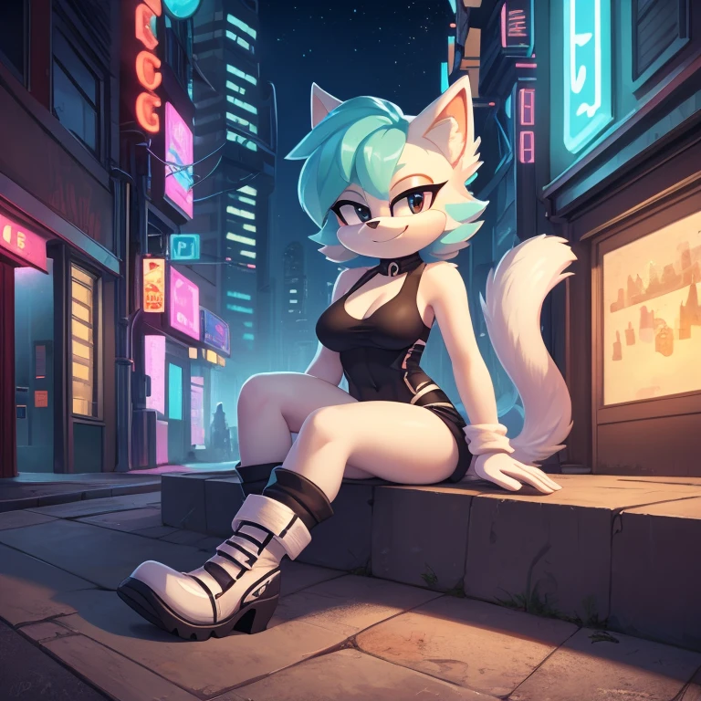 female mobian, night, neon city, cyberpunk city, futuristic city, turquoise cat mobian, mobian, black eyes, small nose, bob haircut, short hair, turquoise fur, white belly fur, fluffy tail, long tail, medium breasts, smirk, sitting, futuristic clothings, advanced clothes, black clothings, white robotic boots, Intricate Details, Masterpiece, Best Quality, High Quality, Studio Quality, Best Detail, Perfect Detail, Refine Detail