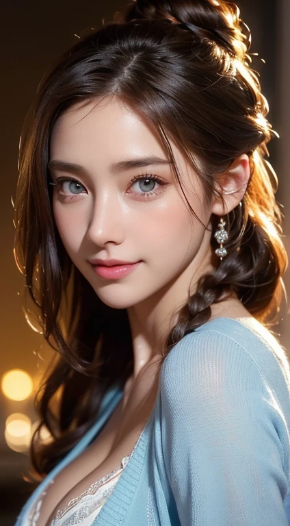 ((A beautiful woman in a light blue cardigan and white bra)),Body Portrait、8K,Eyes in Beautiful Details,dingdall effect、masterpiece, top-quality, hightquality, hight resolution、hyperdetailed photo、(natural skin textures、Detailed skin、Hyper-Realism、ultra sharpness)、high-detail skin、(ighly detailed、detailed skin textures、intricate detailes、beautiful expression、(Lifelike face)、realisticeyes、beatiful detailed eyes、real looking skin、Beautiful skins、A hyper-realistic、ighly detailed、the golden ratio、With smiling eyeoonlight background at night))、Body Portrait、(Curly hair in braids、Bun1),big breasts, cleavage close up, breast close up