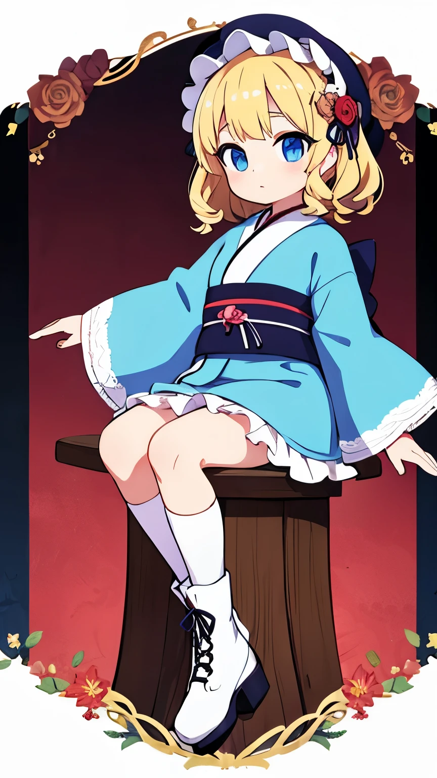 Teenage Girls,Blonde curly short hair,Dark blue eyes,white kimono,Lolita Bonnet,Japanese and Western eclectic,Lolita Fashion,kimono,Character portrait,Lace-up boots on the feet,Rose ornament