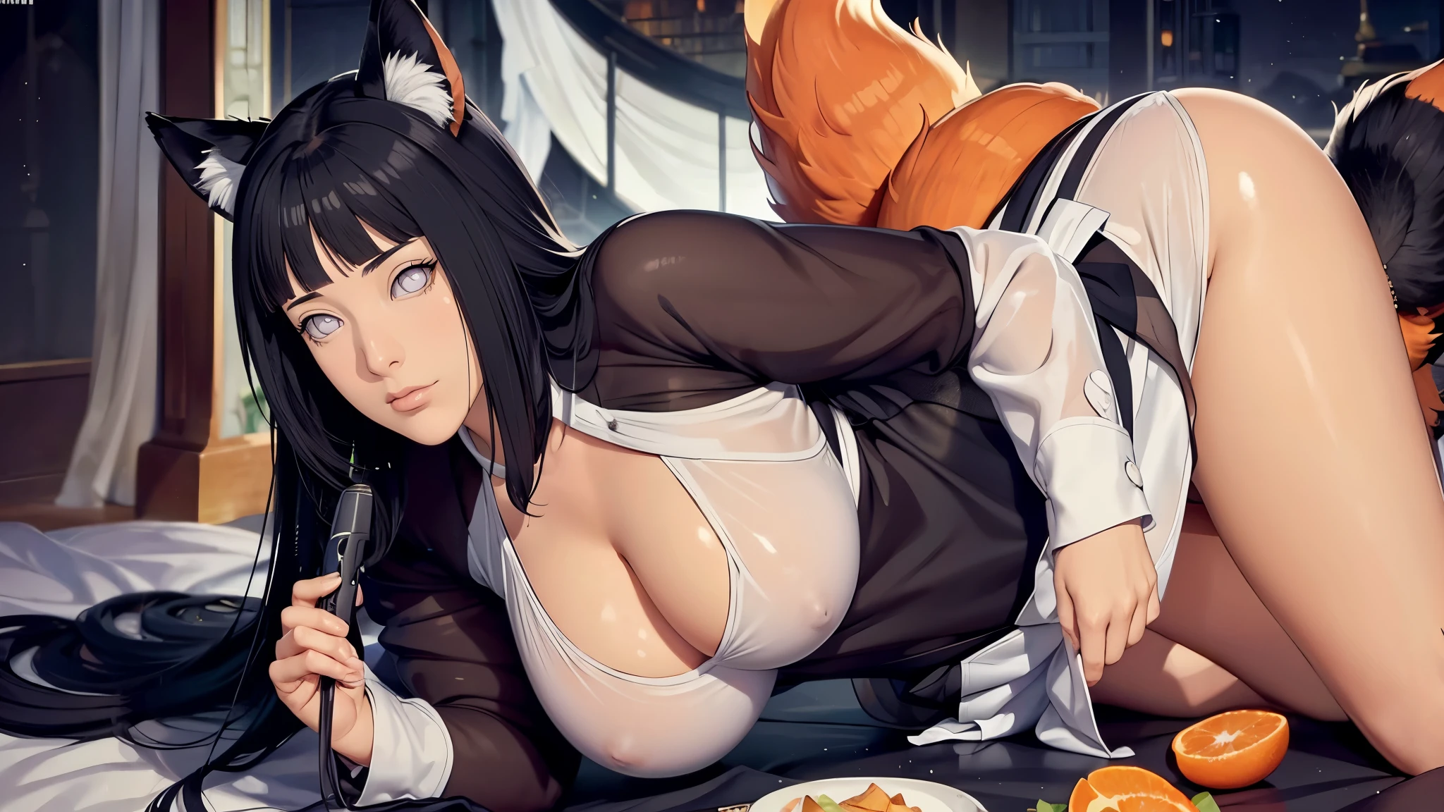 (((完美figure,figure,(((A giant fox stands behind a woman,White skin,kurama,Pommeled Horse, abdominal muscles, red eyes, animal ears, body hair, colored sclera, fox ears, fox girl, fox tail, hairy, hairy female, fox, multiple tails, muscular, navel, orange fur, permanent, tail, tone, (((hinata\(boruto\),purple hoodie,brown pants,black shirt, apron))),))),(((hinata\(boruto\),(((black long hair))), blue eyes,blunt bangs))),((masterpiece)),high resolution, ((Best quality at best)),masterpiece,quality,Best quality,((( Exquisite facial features,Looking at the audience,There is light in the eyes,(((Pain, patience, biting lips))),))),型figure:1.7))),(((Light and shadow,Huge ))),(((Looking at the camera,black background,)))