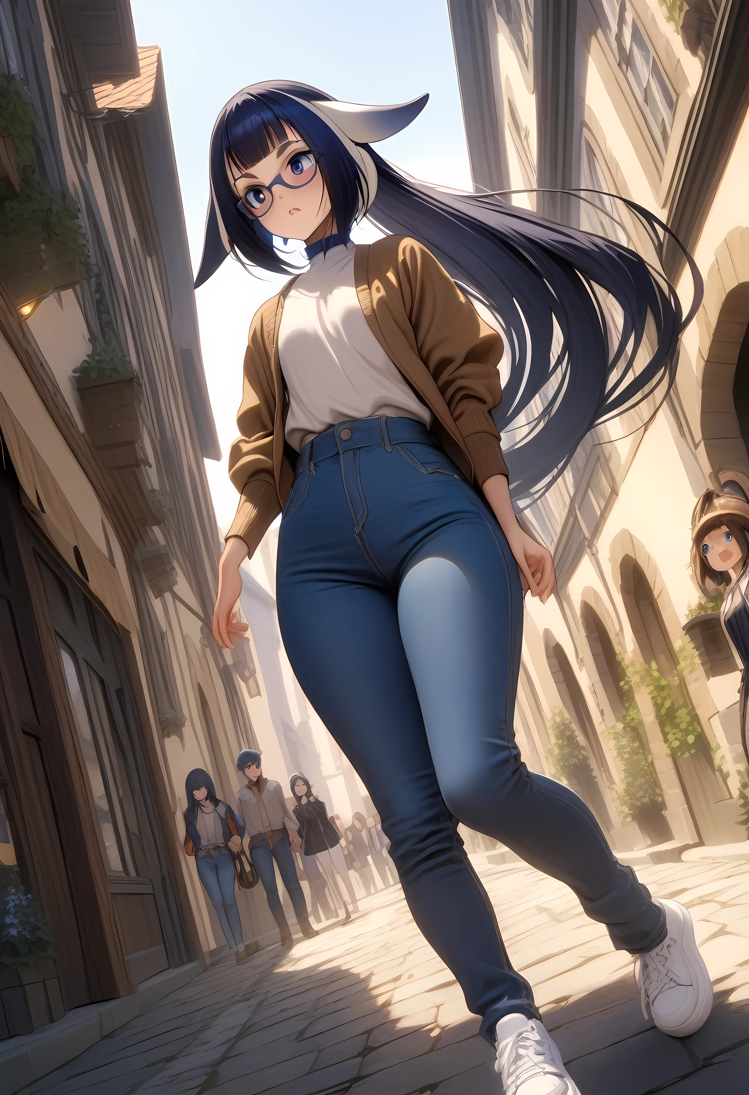 (shylily/(Twich/):1.5),(masterpiece:1.2),(best quality:1.2),, (1girl:1.3),3 girl,young girl, Long Jeans, Wear glasses, , long hair in a ponytail,,unstable _Front,oily shiny skin,flat chest,nice leg line:1.3,thick thighs, thin-waist,, red_streaks_light_wrap_dress, white_platform_sneakers, woven_El_bag, straw_headgear, gold_hoop_earrings, jacket, In a 19th century French town, long jeans city scenery,looking at the audience,From Top:1.2,dynamic angle